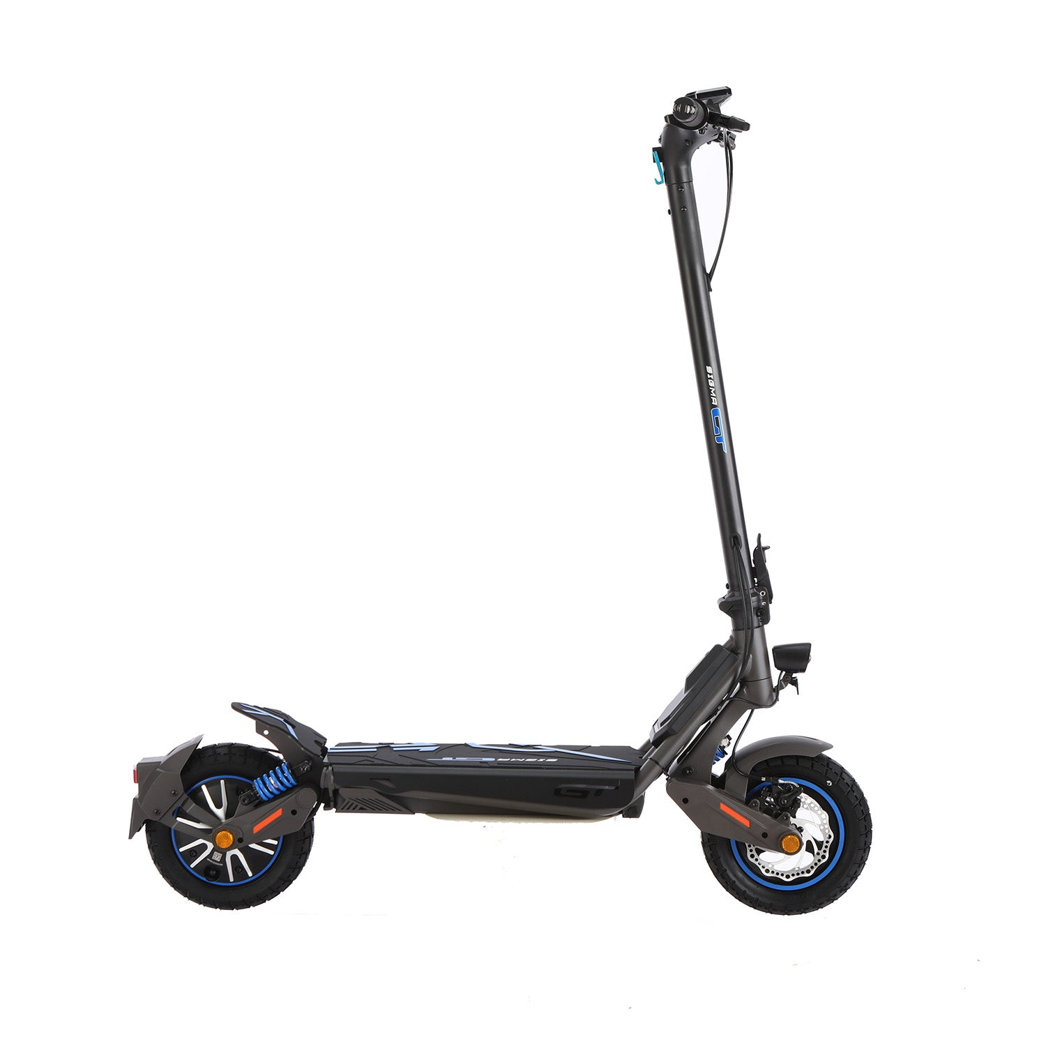 Un moderno monopattino elettrico nero con dettagli blu, sospensioni e freni a disco su uno sfondo bianco.