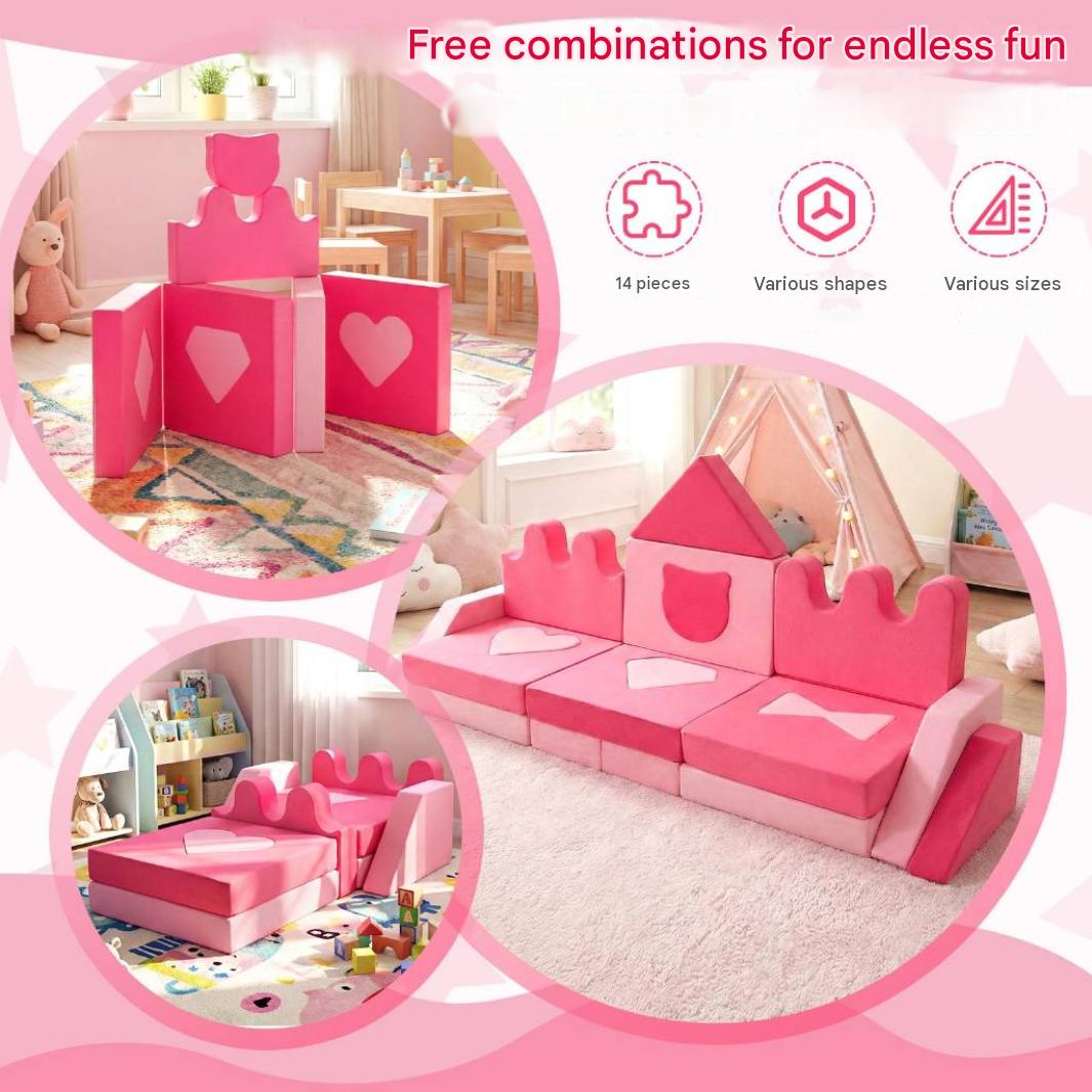 Canapé de jeu modulable en mousse rose avec formes et pièces variées.