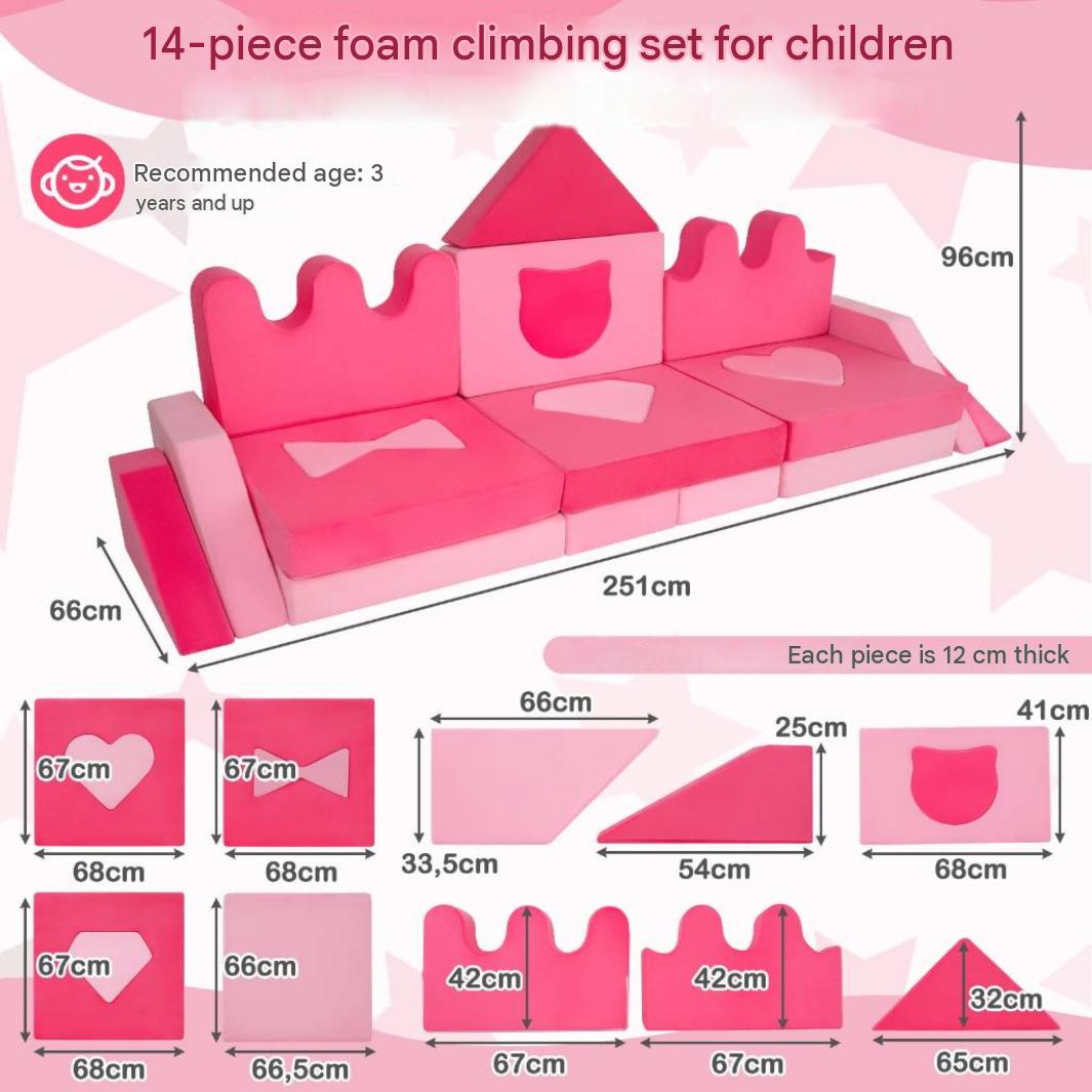 Ensemble d'escalade en mousse rose pour enfants avec dimensions.