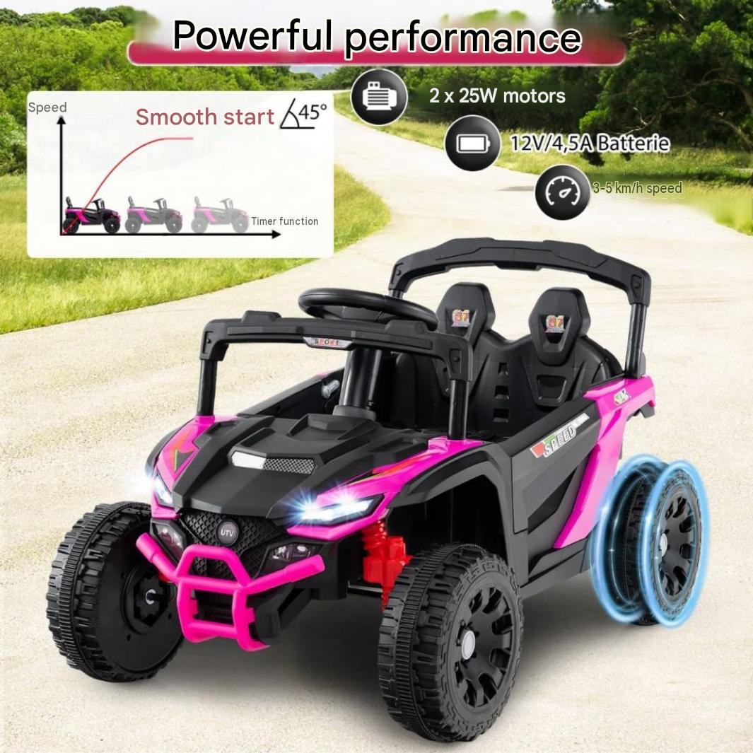 Une voiture électrique rose et noire pour enfants avec des lumières et des icônes de fonctionnalités sur une route.