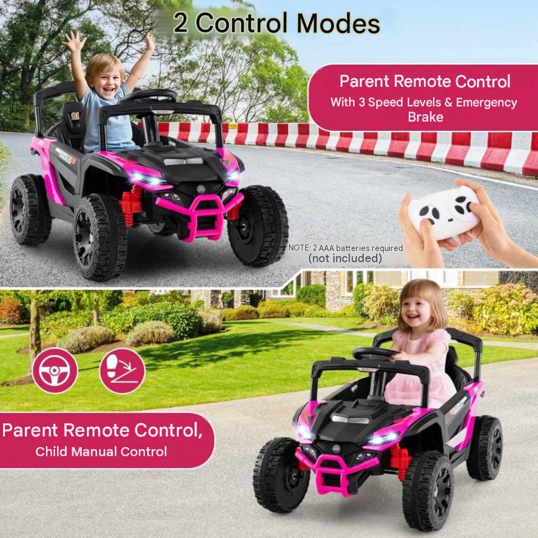 Un enfant conduit une voiture électrique rose et noire avec télécommande.