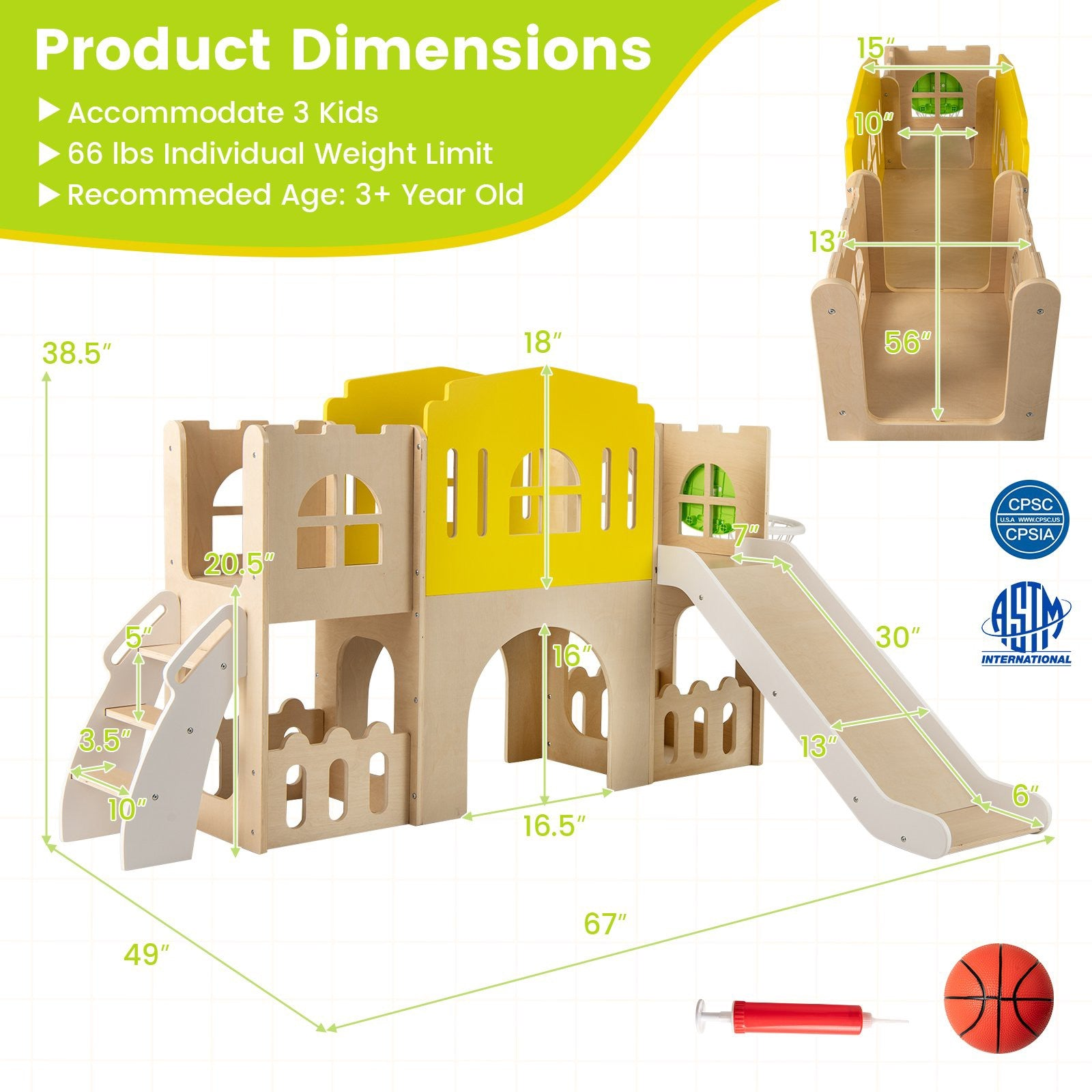 Dimensions du produit d'une aire de jeux en bois avec toboggan, escaliers et accents jaunes.