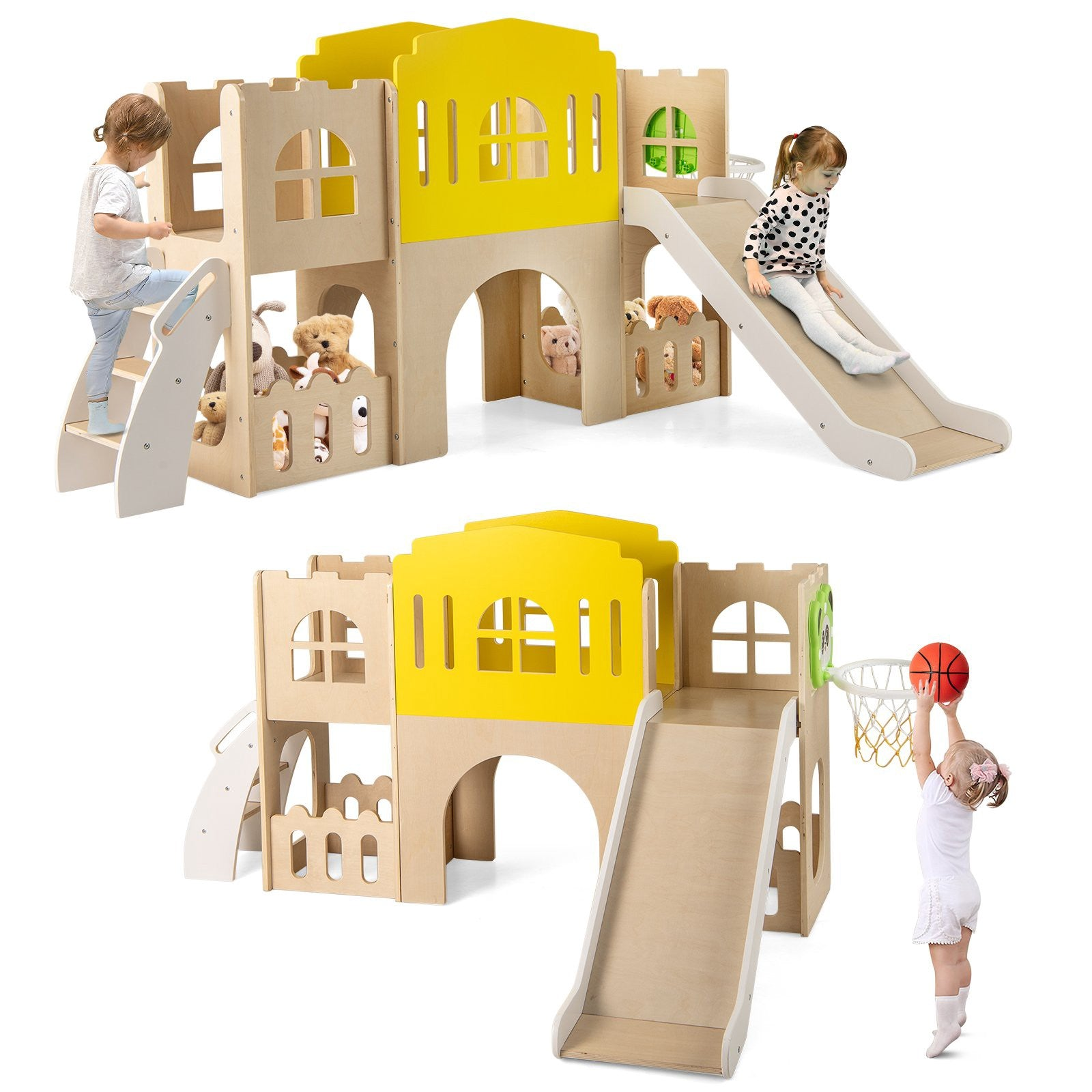 Des tout-petits jouent sur une cabane en bois à deux étages avec toboggan et panier de basket.