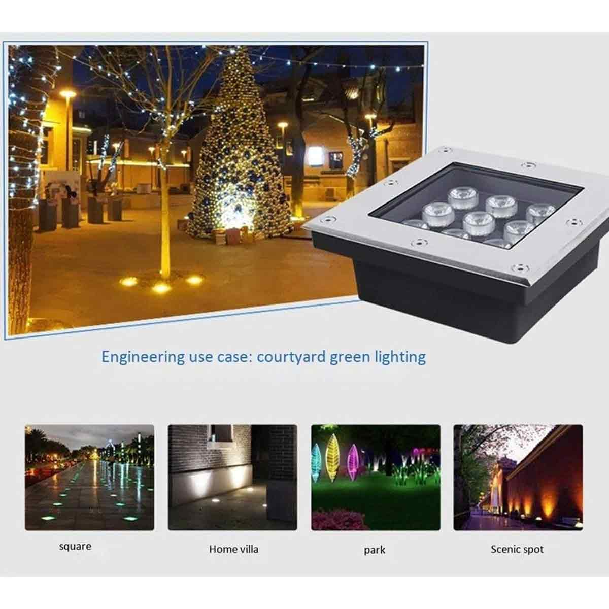 Quadratische LED-Bodenleuchte mit Anwendungsbeispielen wie Plätzen, Villen, Parks und Sehenswürdigkeiten.