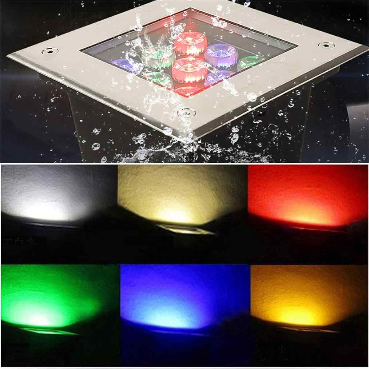 Wasserdichte LED-Bodenleuchte mit verschiedenen bunten Lichtfarben in einem Quadrat.