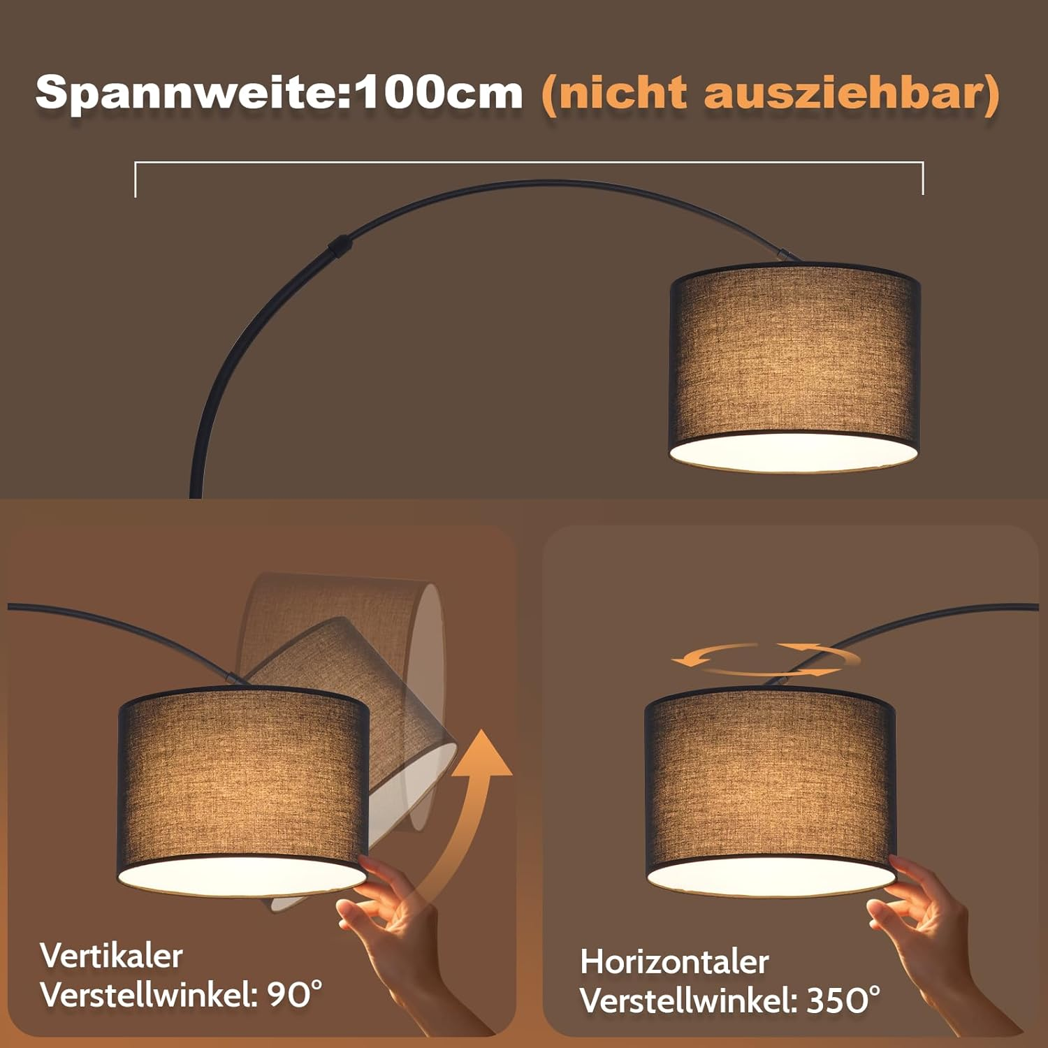 Bogenlampe mit 100cm Spannweite und verstellbarem Lampenschirm für vertikale und horizontale Ausrichtung.