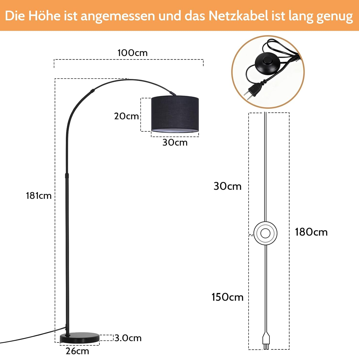 Technische Zeichnung und Maße einer schwarzen Bogenstehlampe mit Stoffschirm und Fußschalter.
