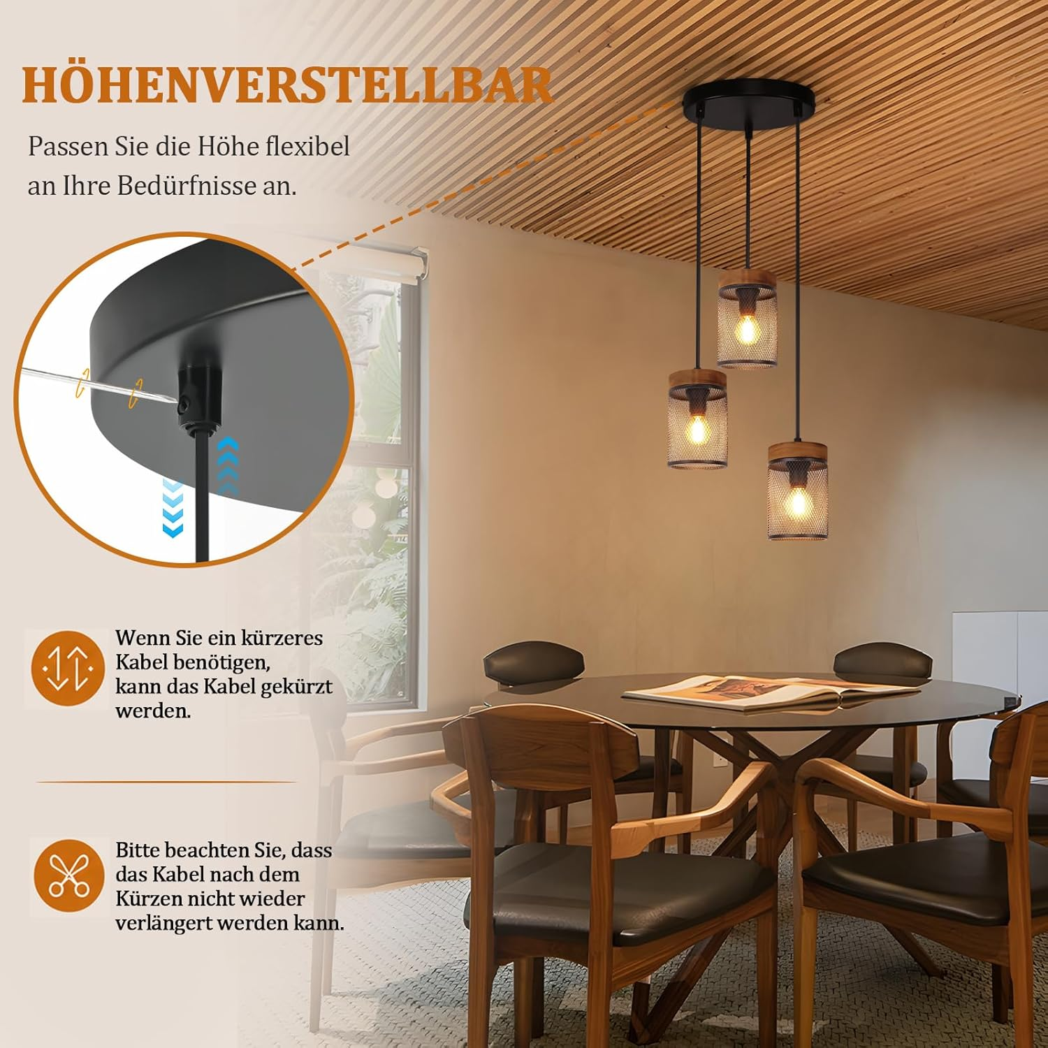 Höhenverstellbare Hängelampe über einem runden Esstisch in einem modernen Esszimmer.