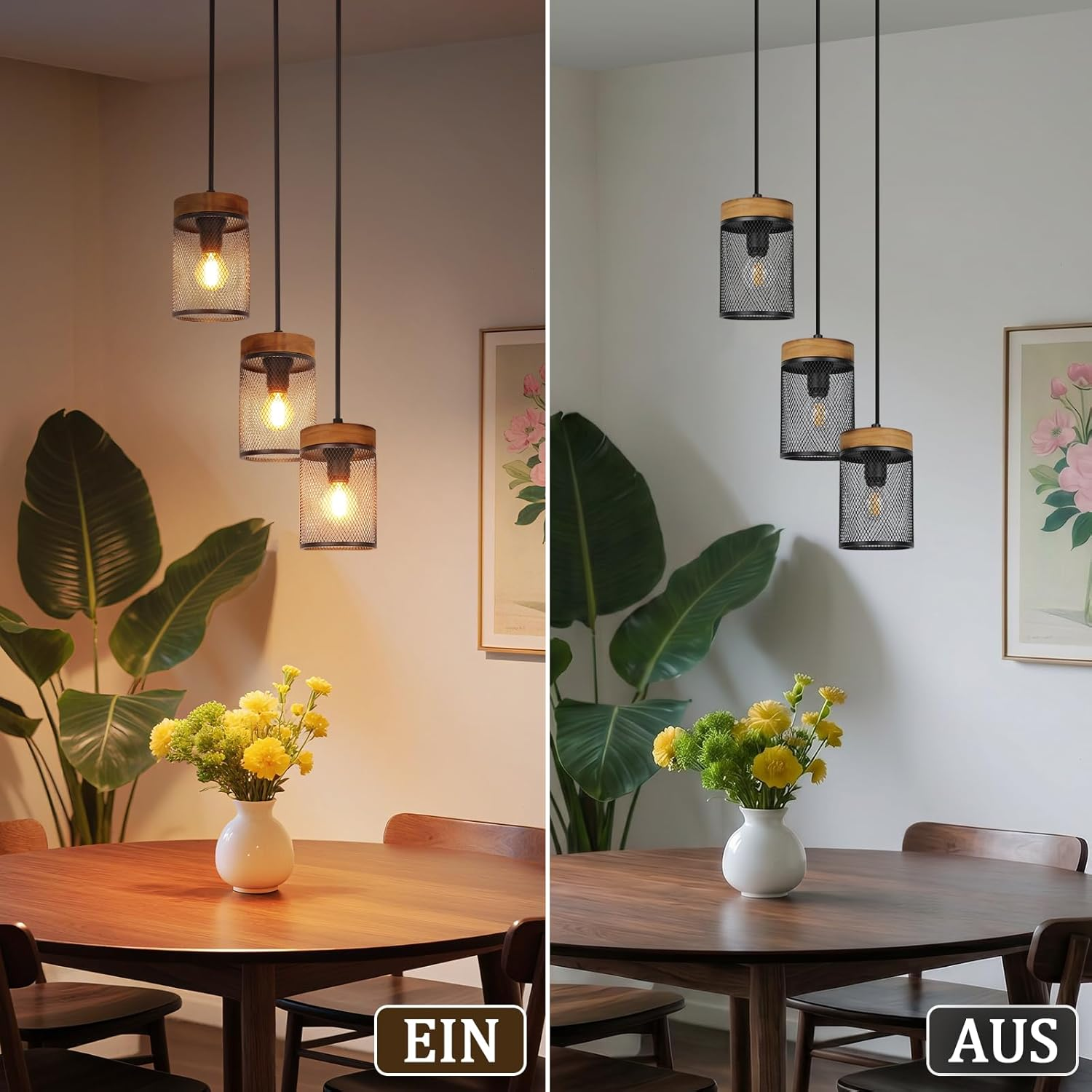 Vergleich zweier Esstische mit Hängelampen, links eingeschaltet, rechts ausgeschaltet.