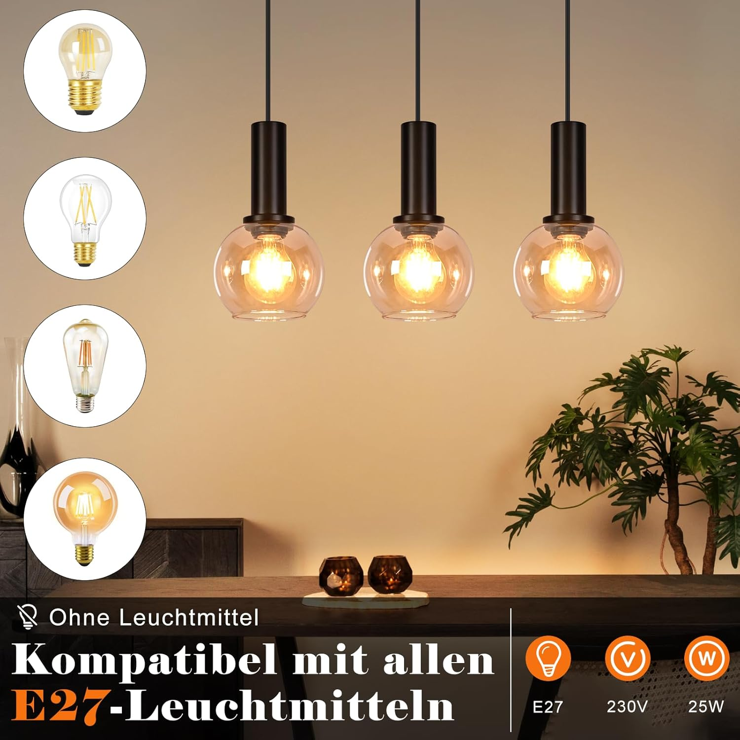 Drei Pendelleuchten hängen über einem Holztisch mit Pflanze und Kerzen. Links sind vier Leuchtmittel abgebildet.