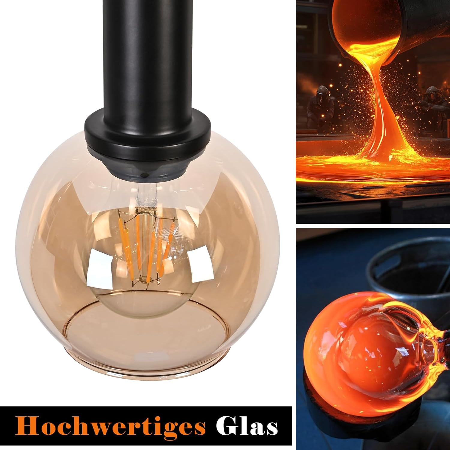 Eine moderne Glas-Hängeleuchte mit bernsteinfarbener Glühbirne, neben flüssigem Metallguss und glühender Glasbläserei.