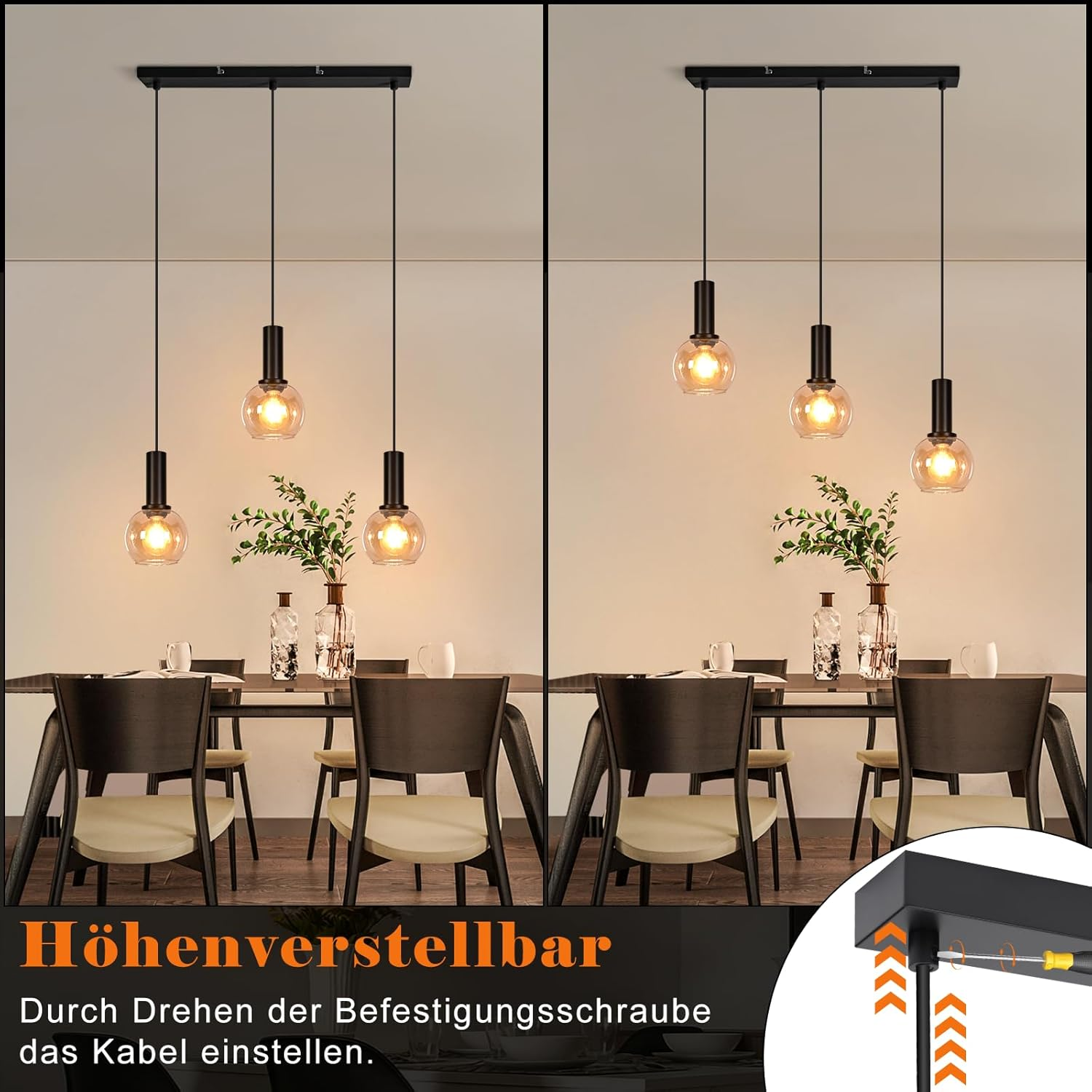 Höhenverstellbare Pendelleuchte über einem gedeckten Tisch mit Stühlen.