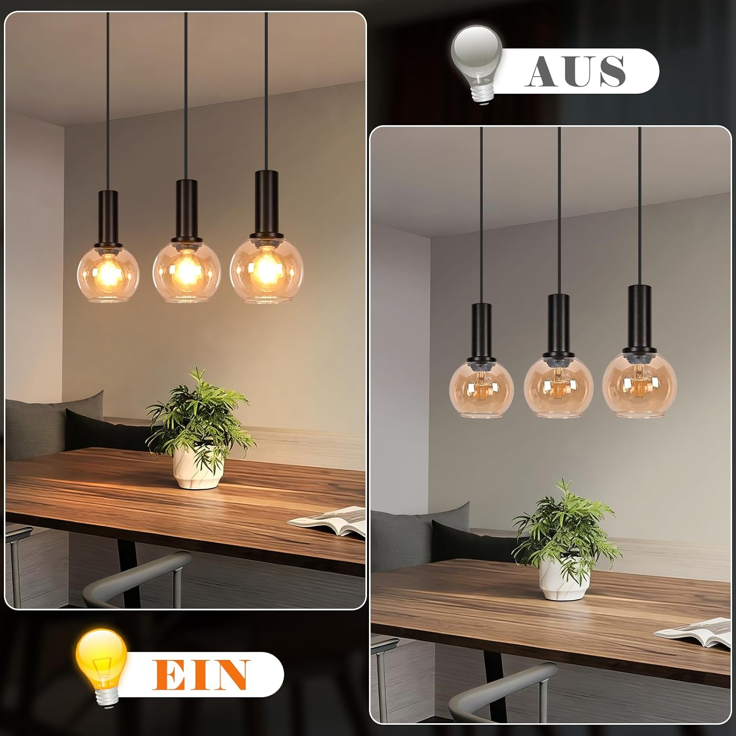 Vergleich von drei Hängeleuchten über einem Holzesstisch, beleuchtet und unbeleuchtet.
