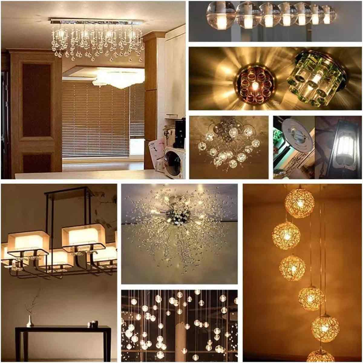 Eine Collage von verschiedenen modernen Lampen und Kronleuchtern in verschiedenen Stilen.