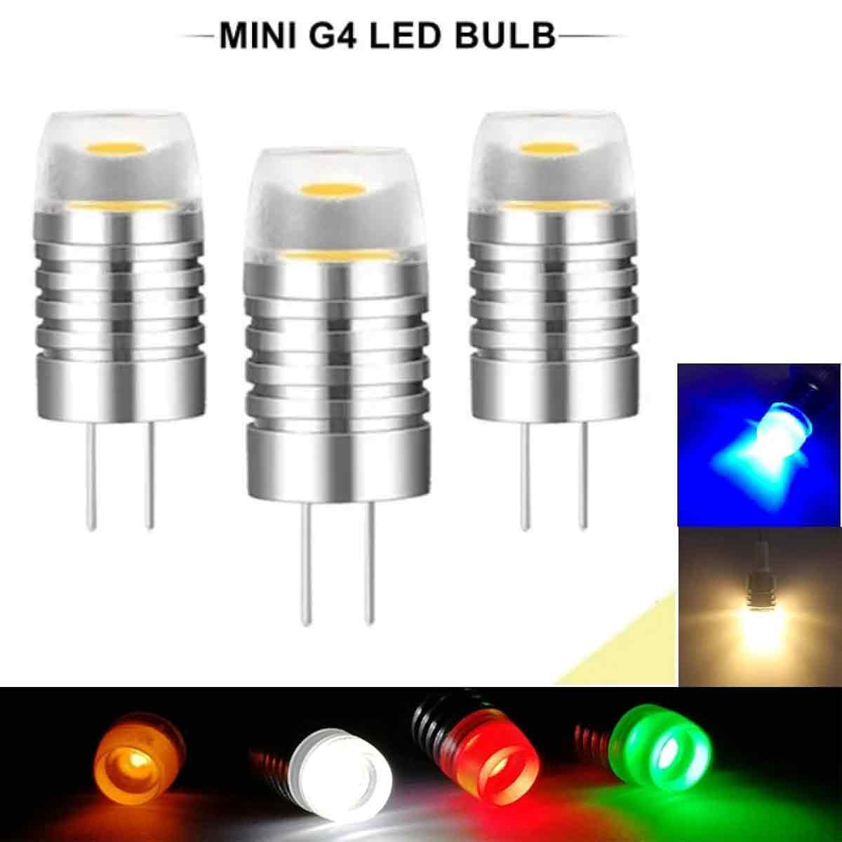Drei Mini-G4-LED-Lampen mit silbernem Kühlkörper und Pins, sowie Farbvarianten unten und rechts.