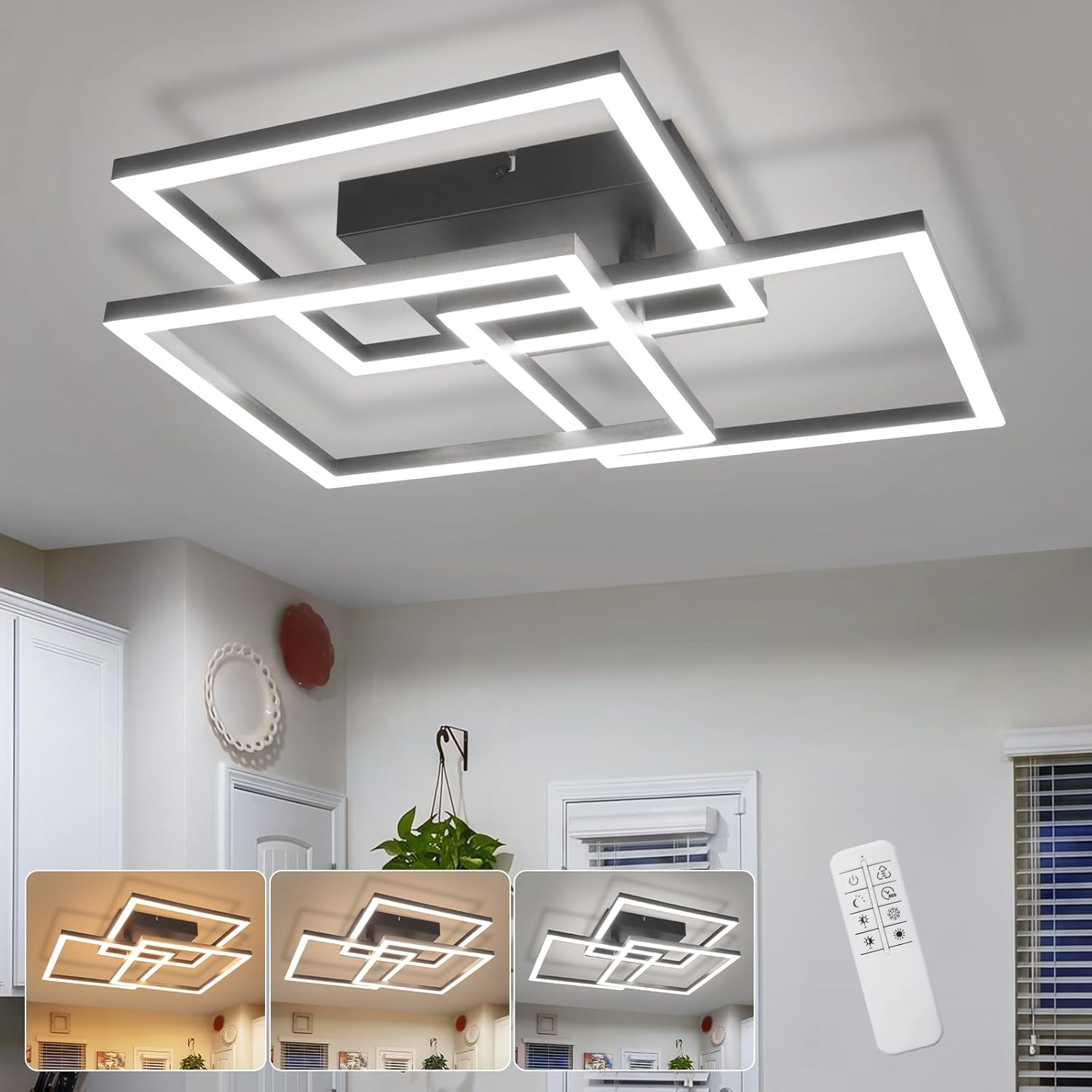 Moderne quadratische LED-Deckenleuchte mit Fernbedienung im Raum.