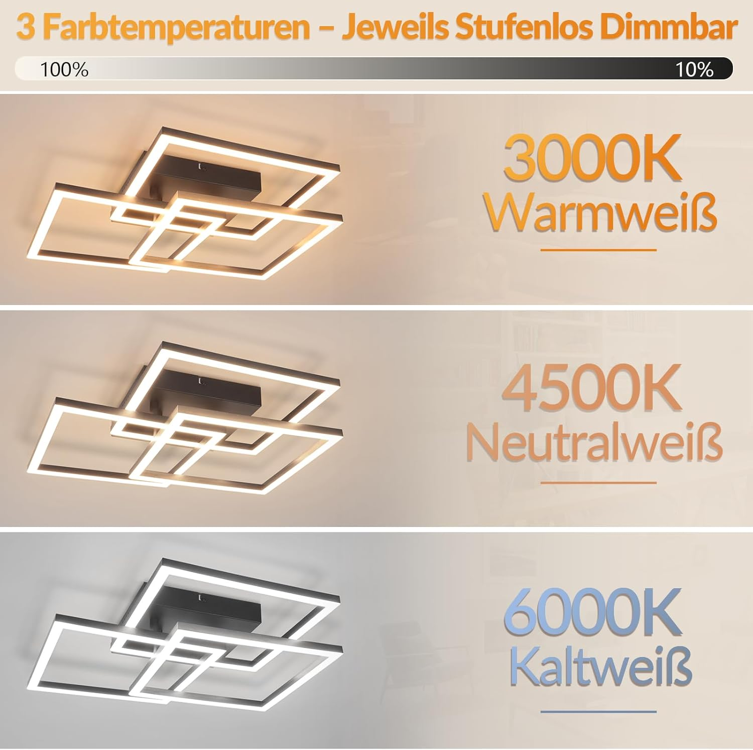 Moderne LED-Deckenleuchte mit drei unterschiedlichen Farbtemperaturen und Dimmfunktion.
