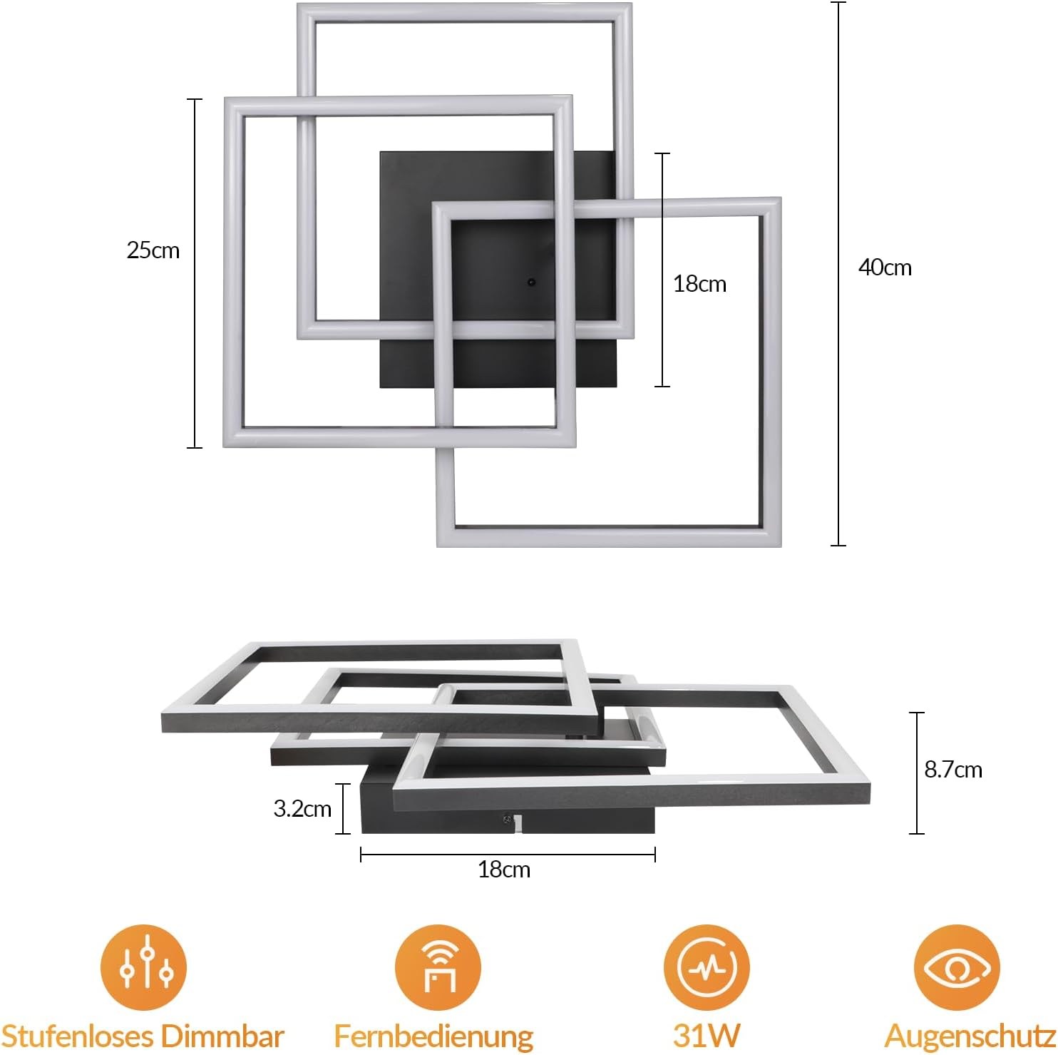 Technische Zeichnung einer modernen quadratischen Deckenleuchte mit Maßangaben und Funktionssymbolen.