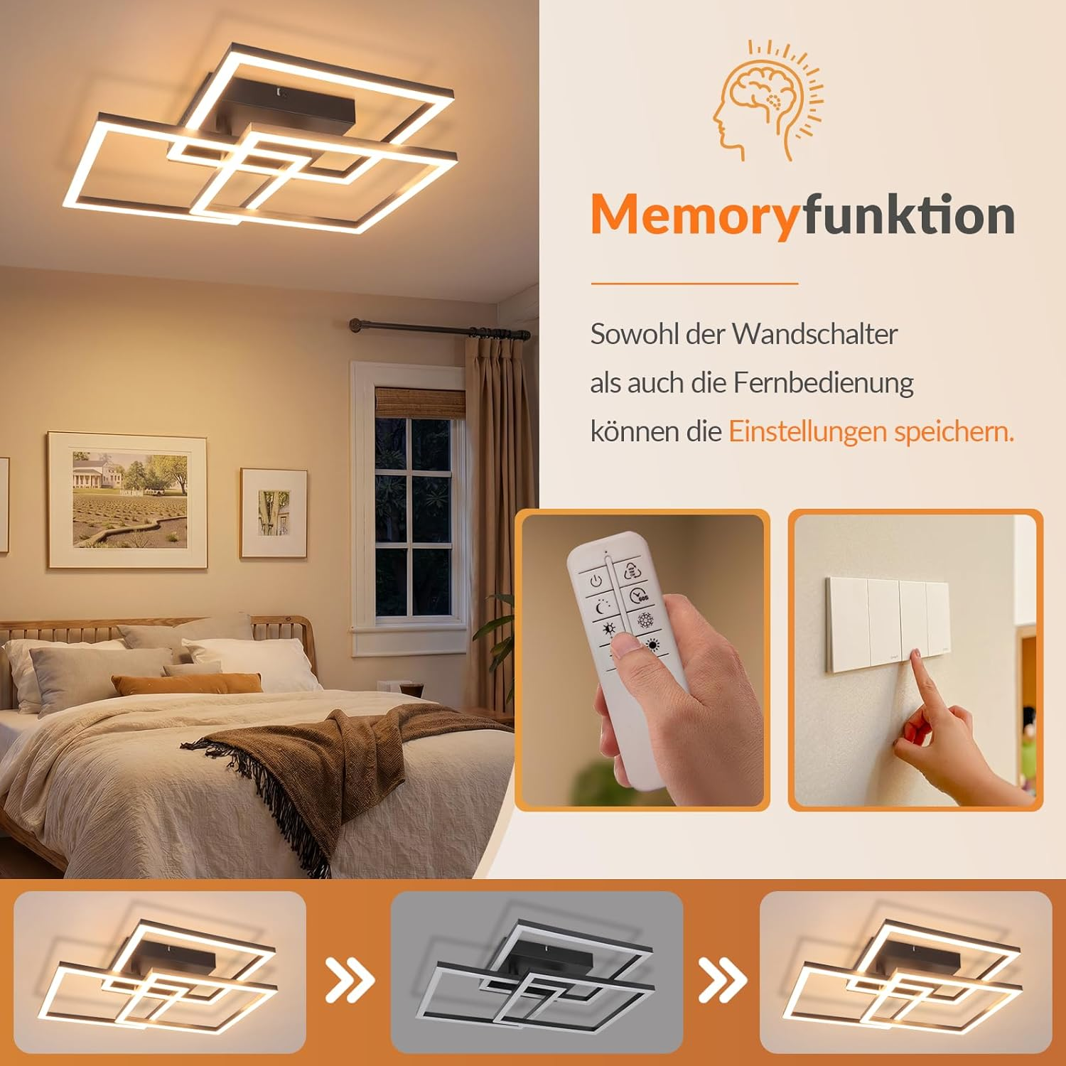 Moderne LED-Deckenleuchte im Schlafzimmer mit Fernbedienung, Wandschalter und Memory-Funktion.