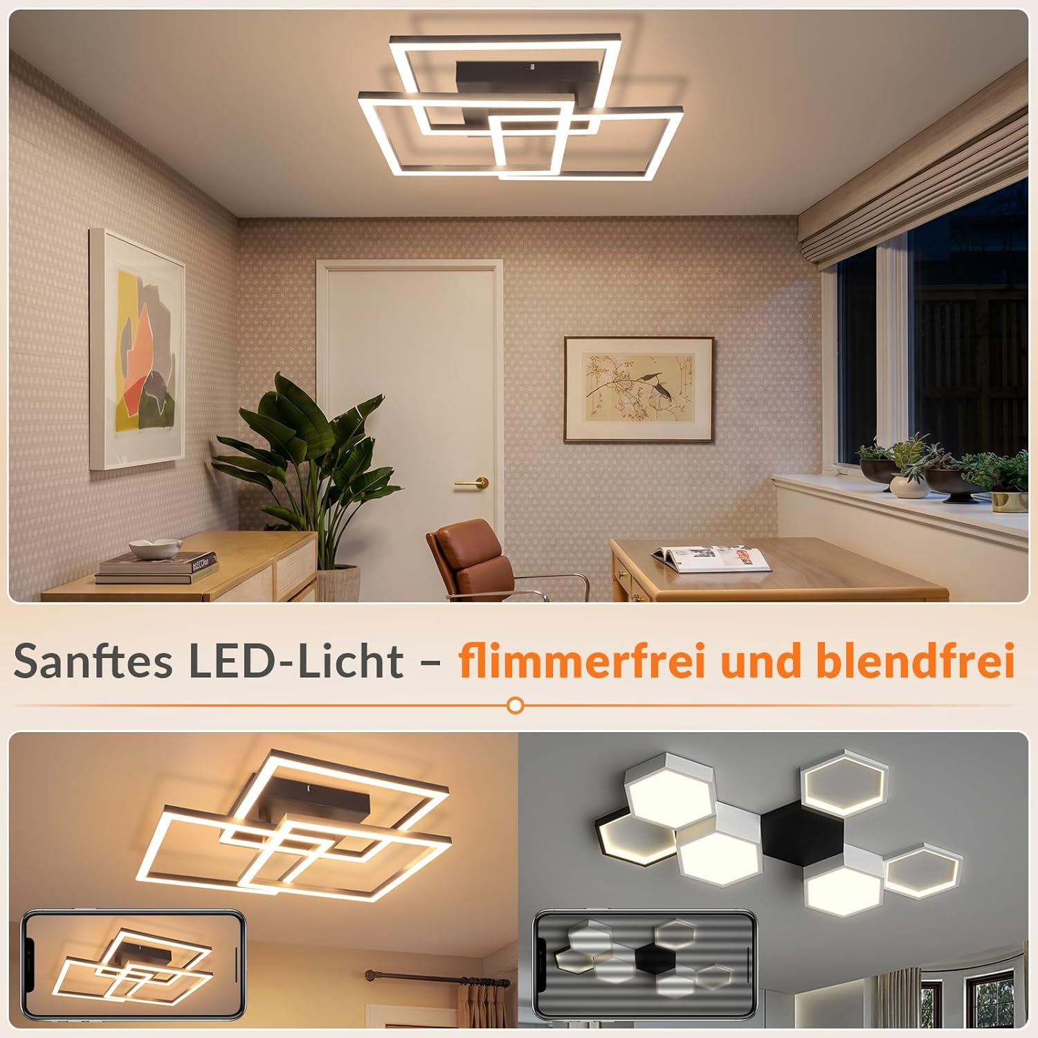 Moderne quadratische LED-Deckenleuchte in einem hellen Wohnzimmer mit Schreibtisch und Bildern.