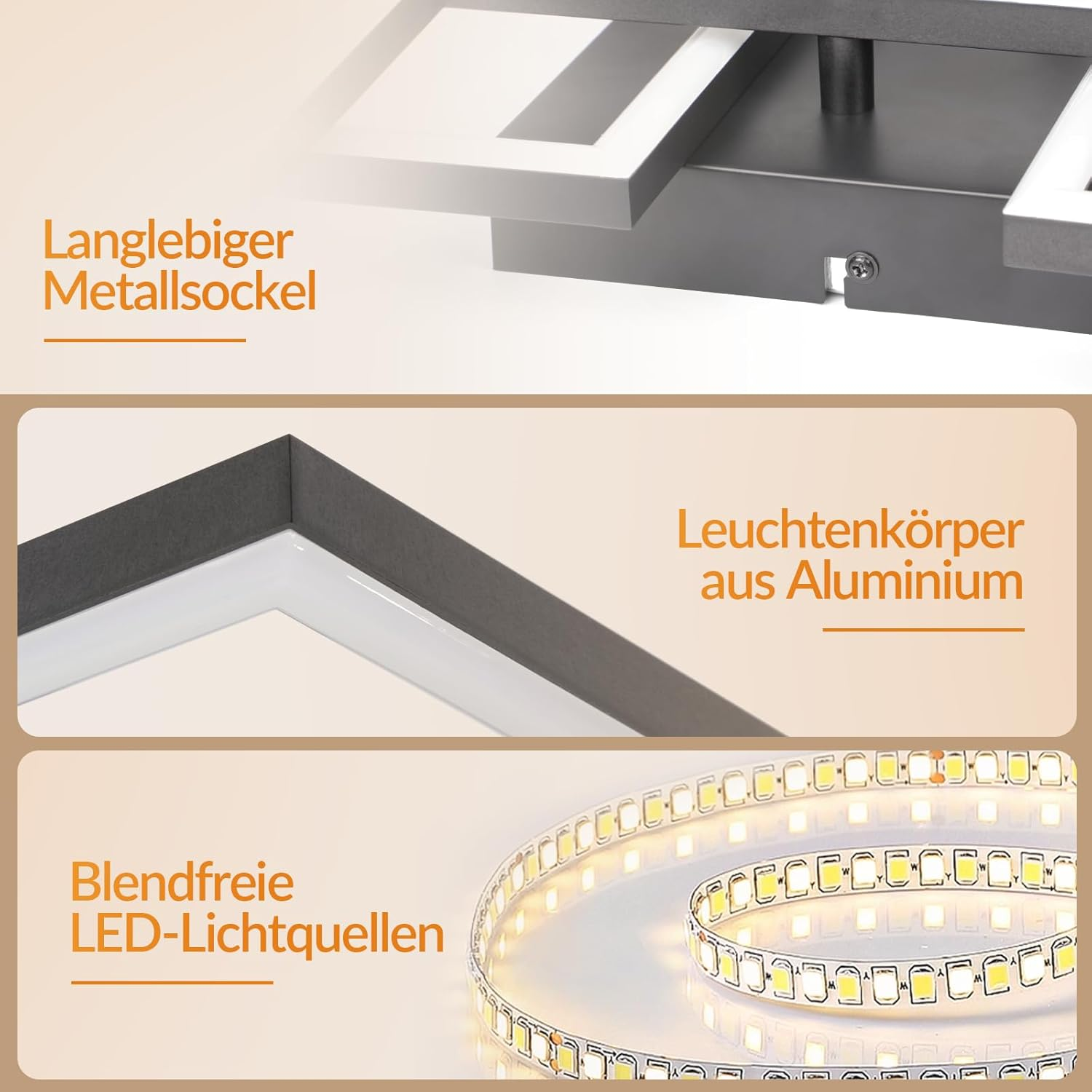Drei Felder zeigen einen Metallsockel, einen Aluminiumleuchtkörper und blendfreie LED-Streifen.