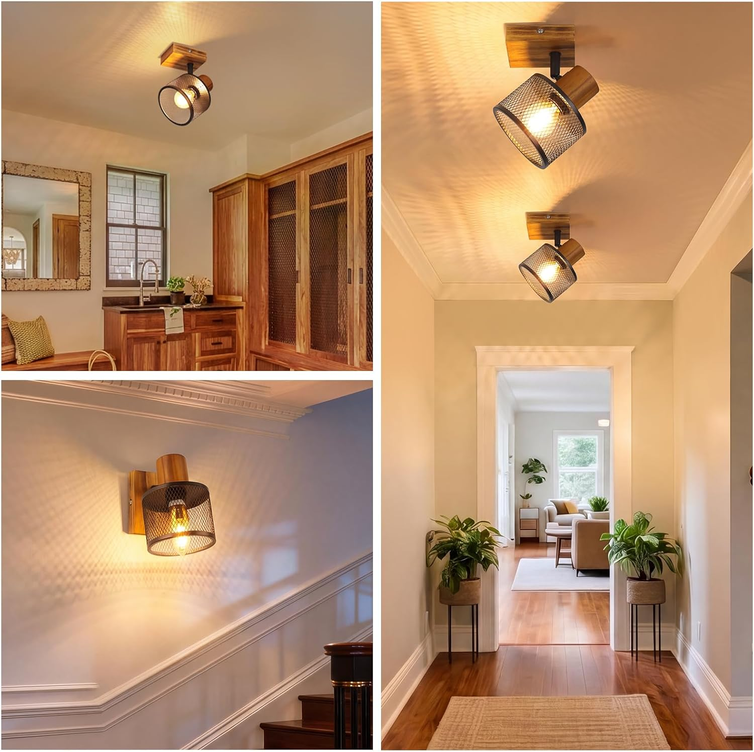 Moderne Decken- und Wandleuchten aus Holz und schwarzem Metallgeflecht beleuchten stilvoll helle Innenräume.
