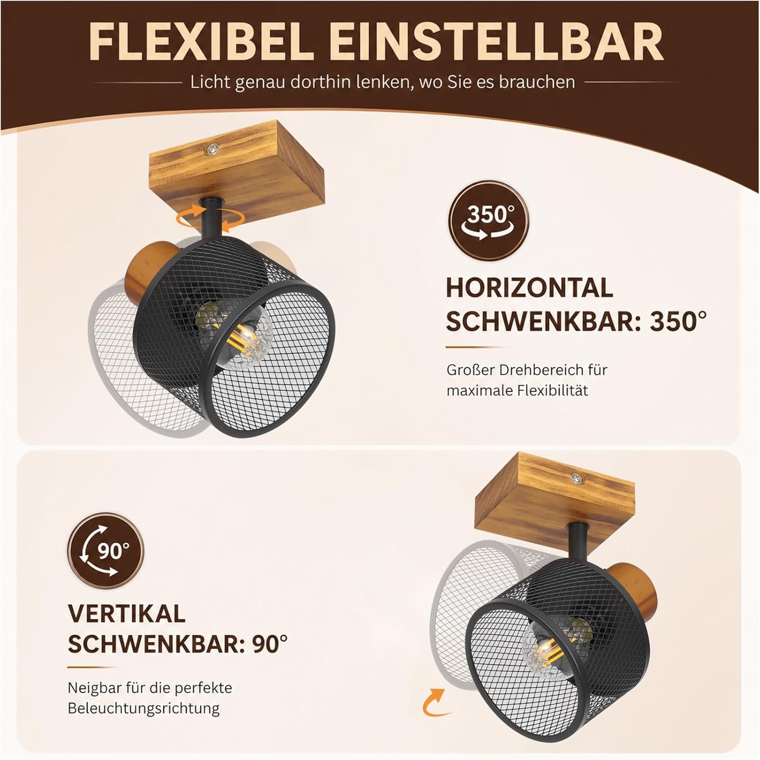 Deckenlampe mit schwarzem Gitter und Holzelement, horizontal 350° und vertikal 90° schwenkbar.