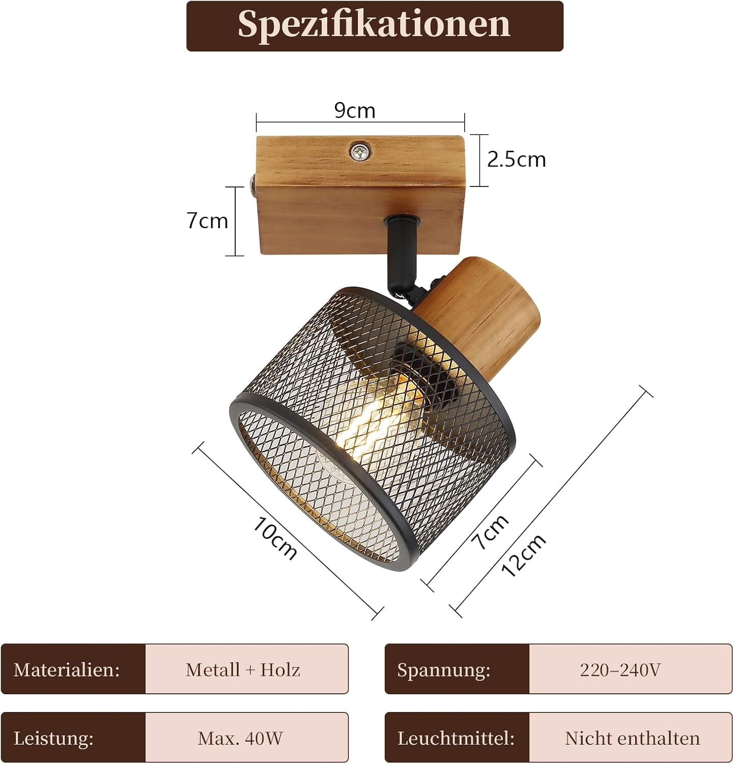 Technische Zeichnung einer Holz- und Metall-Deckenleuchte mit Maßangaben und Datenfeldern.