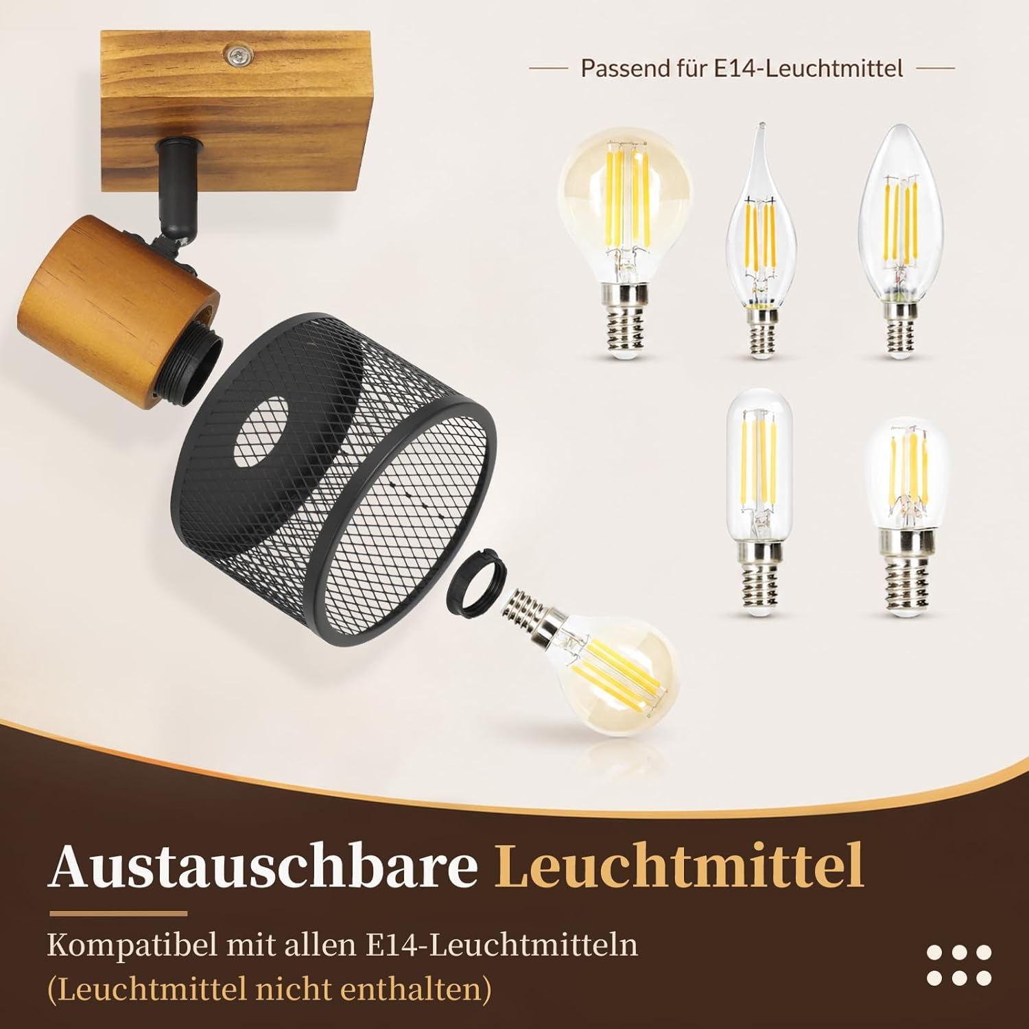 Holz-Deckenstrahler mit schwarzem Metallschirm und E14-Leuchtmitteloptionen.