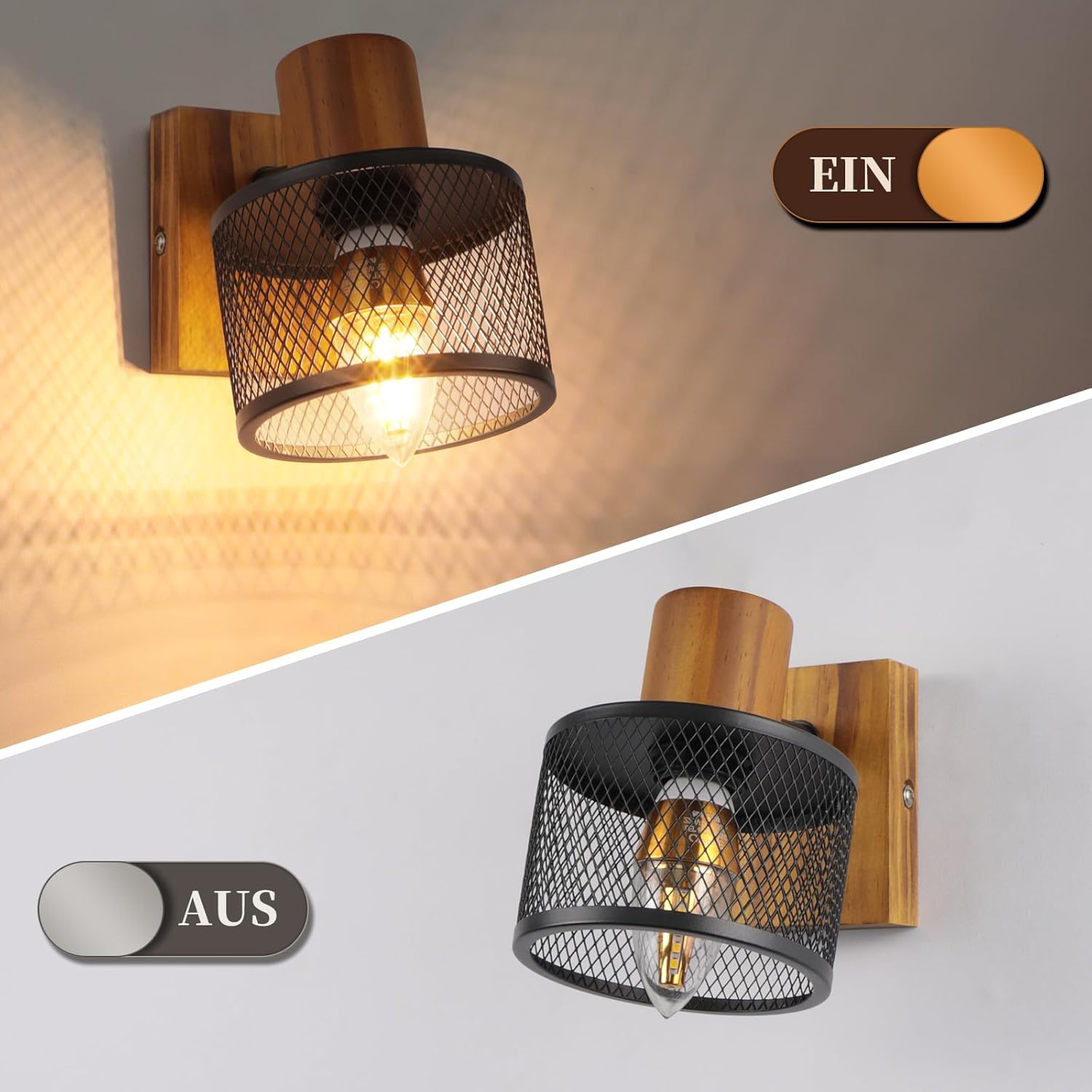 Holz- und Gitter-Wandlampe, einmal beleuchtet mit 'EIN' und einmal ausgeschaltet mit 'AUS'.