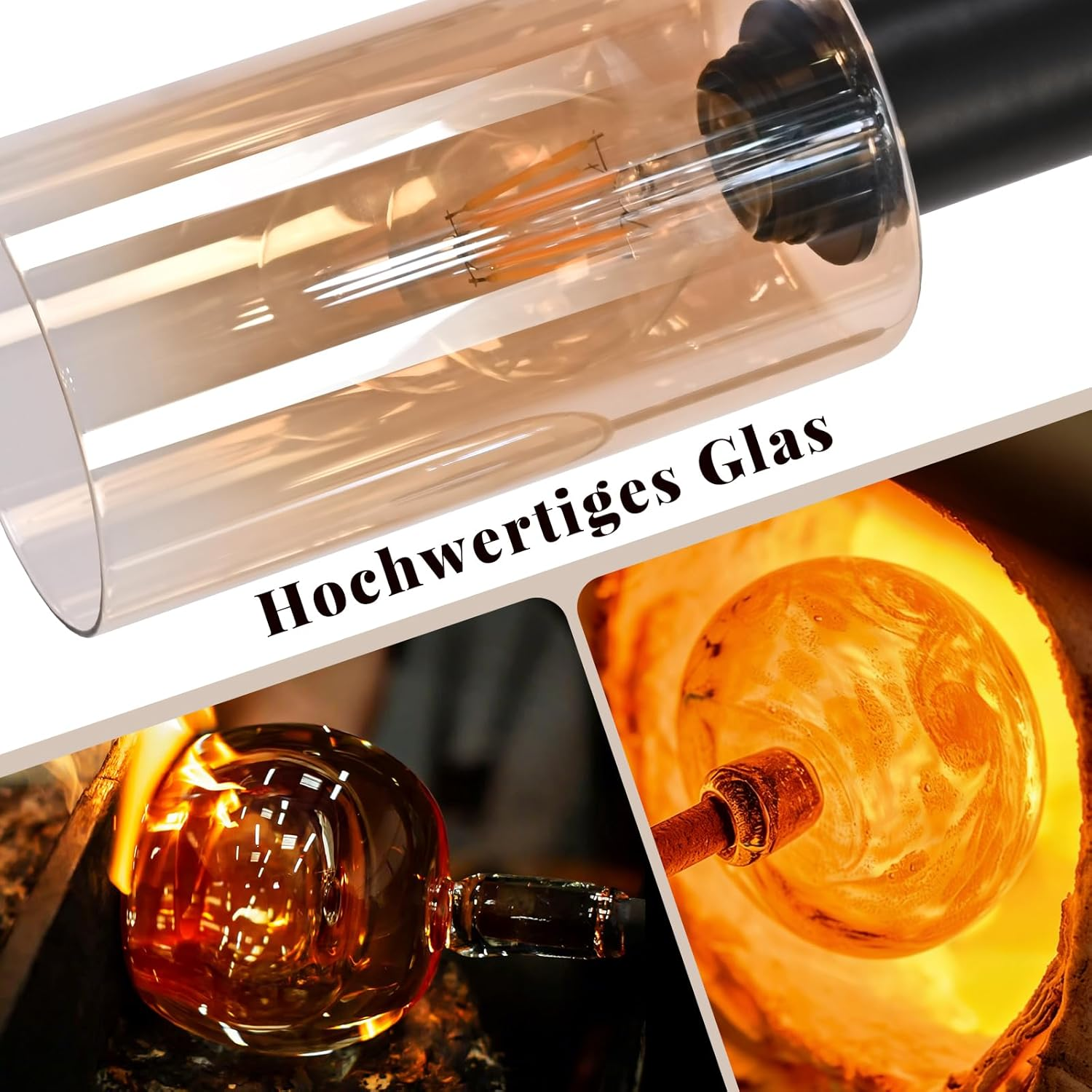 Glasbläserei-Prozess mit geschmolzenem Glas und einer fertigen Pendelleuchte.