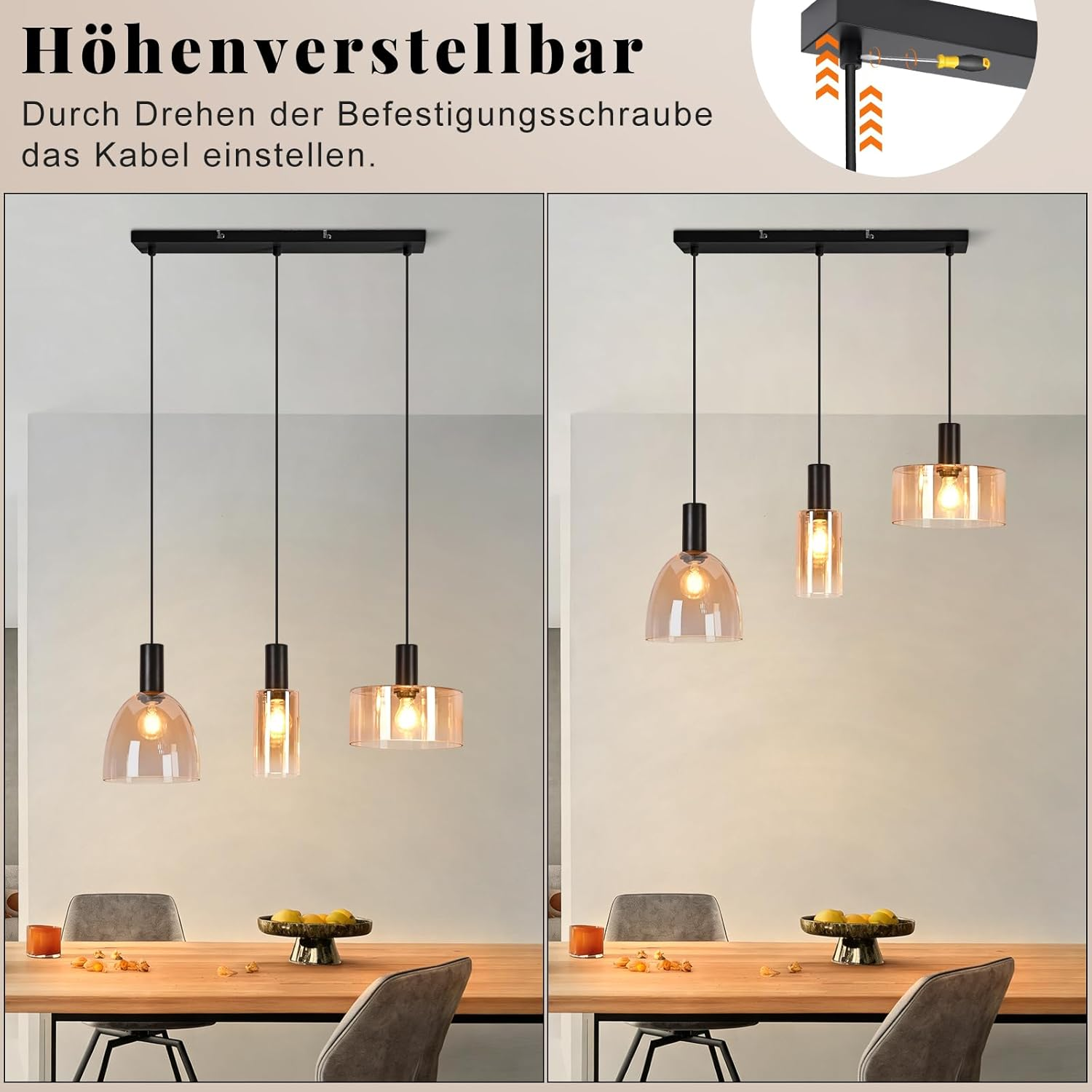 Diagramm zeigt eine höhenverstellbare dreiflammige Pendelleuchte mit verschieden geformten bernsteinfarbenen Schirmen.