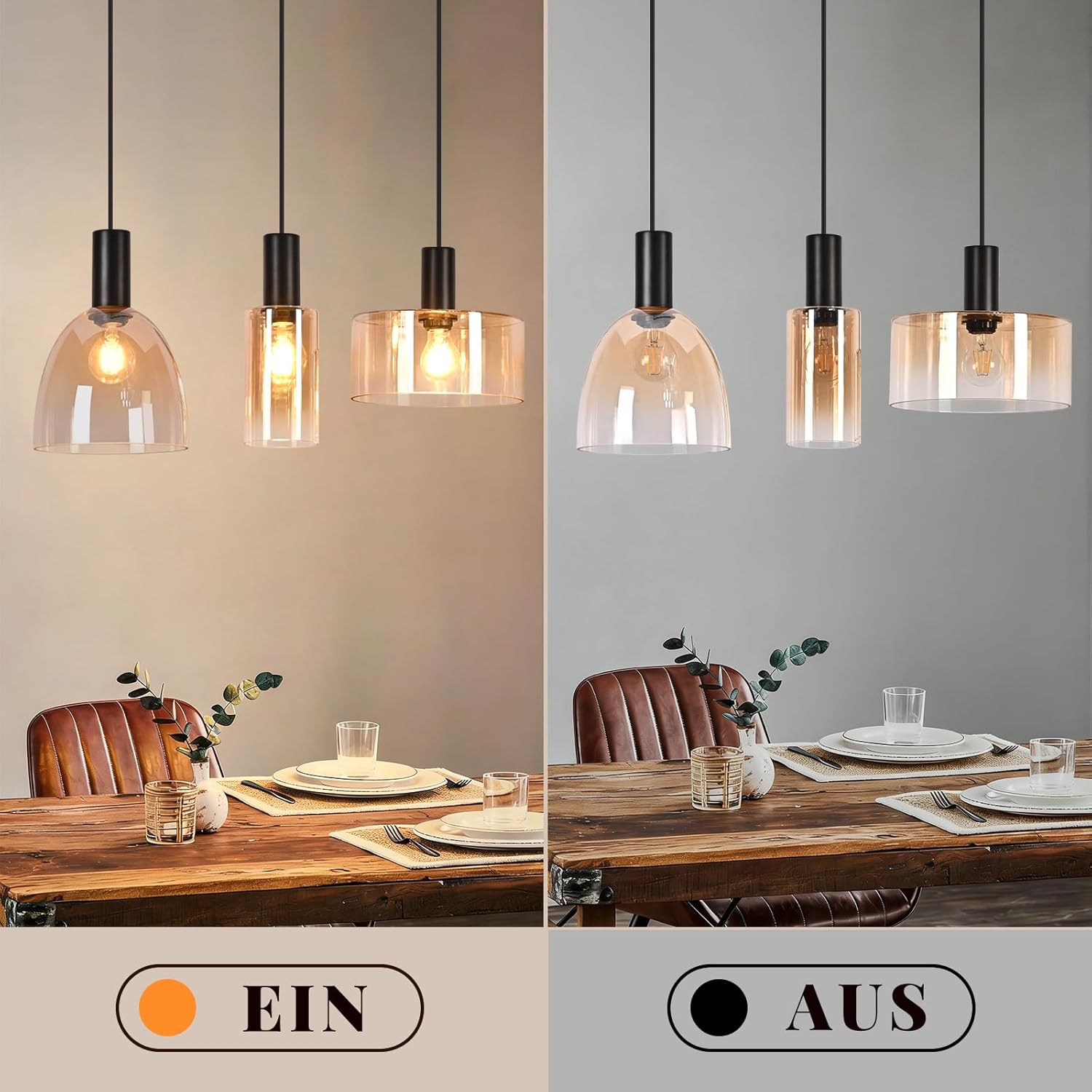 Drei moderne Hängeleuchten über einem rustikalen Esstisch, links eingeschaltet und rechts ausgeschaltet.