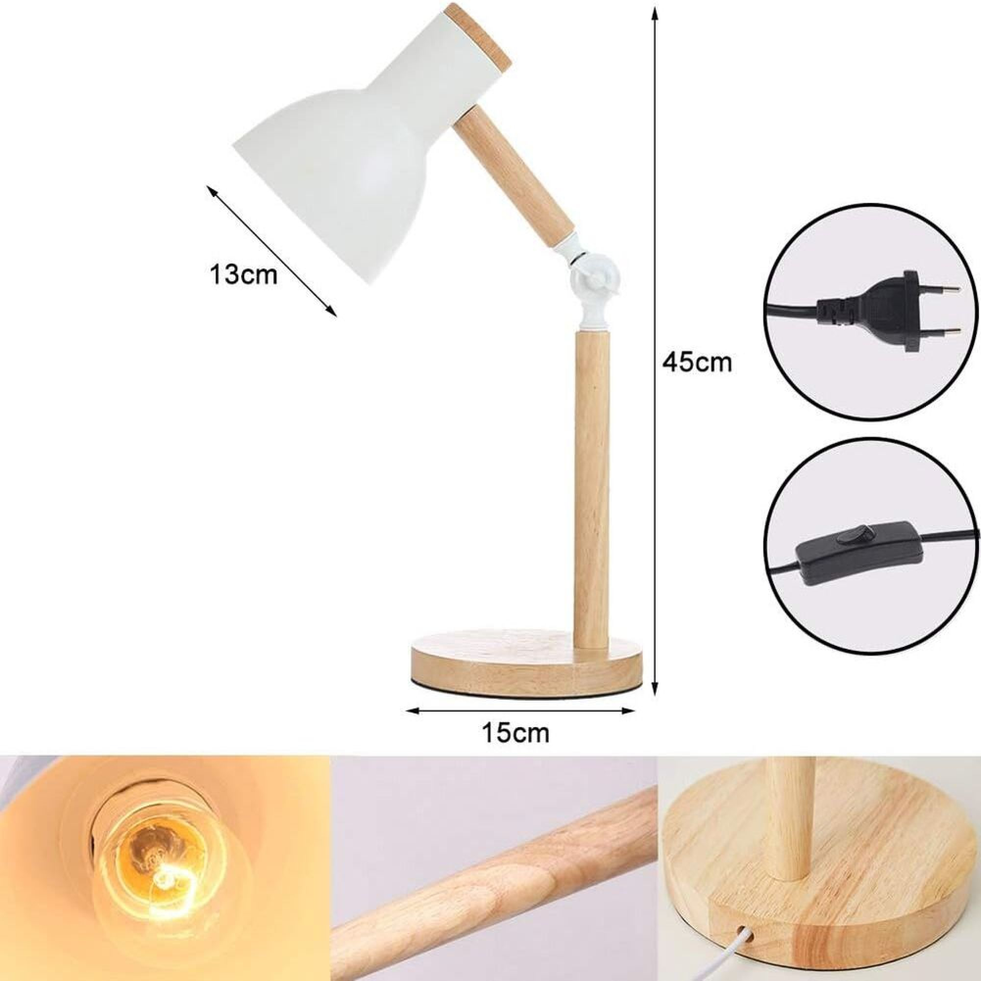Technische Zeichnung und Details einer modernen Schreibtischlampe mit Holz- und weißem Design samt Maßangaben.