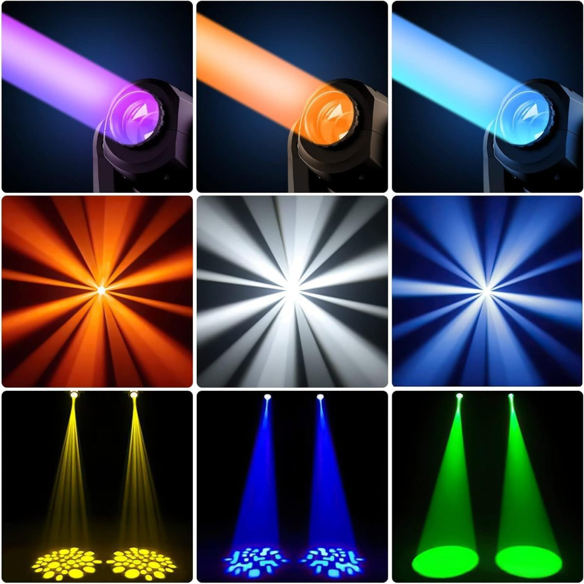 Eine Collage von neun Bildern zeigt Bühnenscheinwerfer mit bunten Lichtstrahlen in Lila, Orange, Blau, Weiß und Grün.