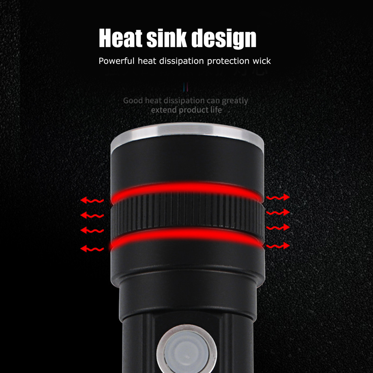 Diagramm zeigt das Kühlkörperdesign einer schwarzen Taschenlampe mit roten Hitzesignalen und Text.