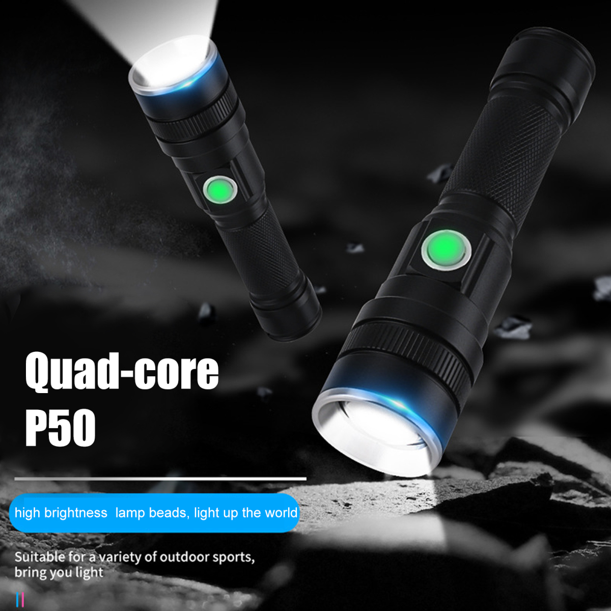 Zwei schwarze Quad-Core-P50-Taschenlampen leuchten auf dunklem Untergrund mit Textoverlays.