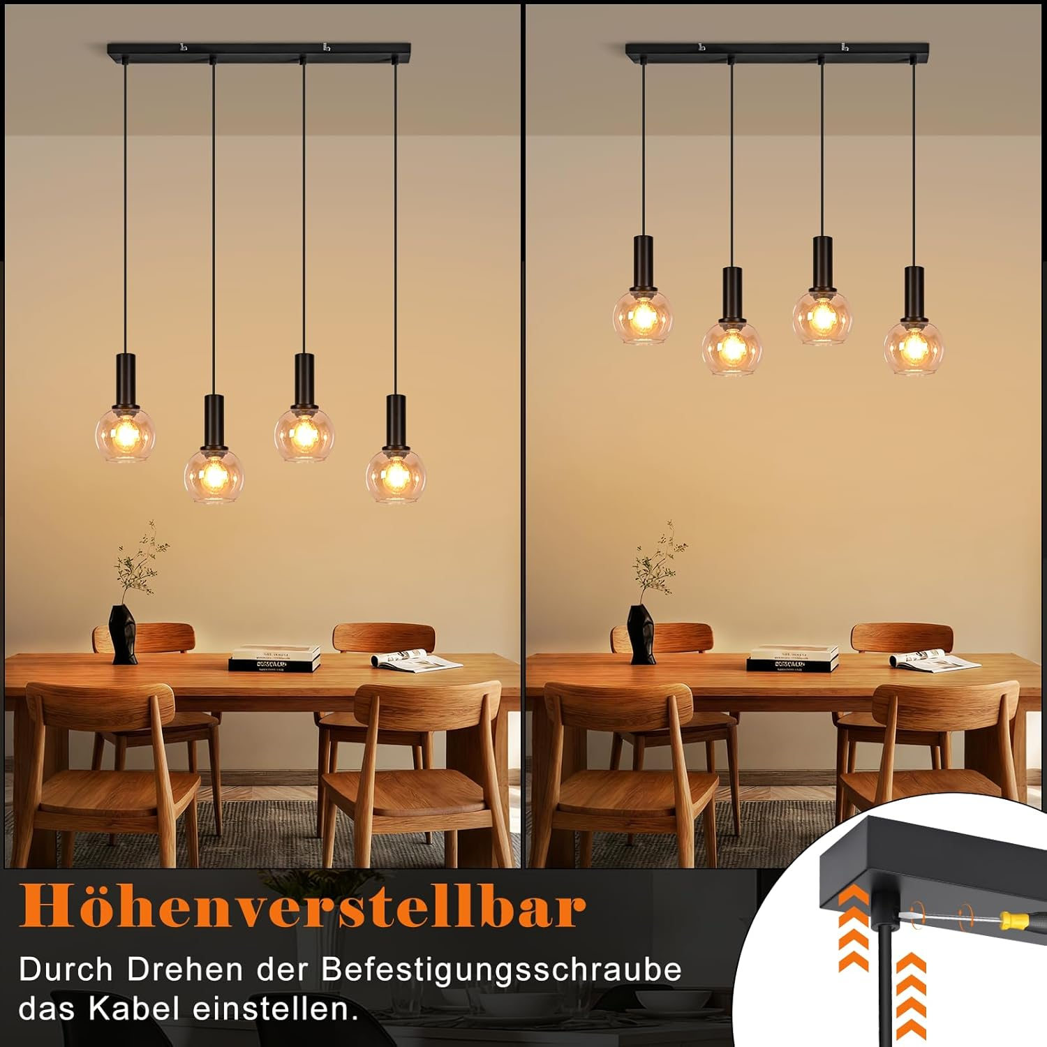 Höhenverstellbare schwarze Pendelleuchte mit vier Glühbirnen über einem Holzesstisch.