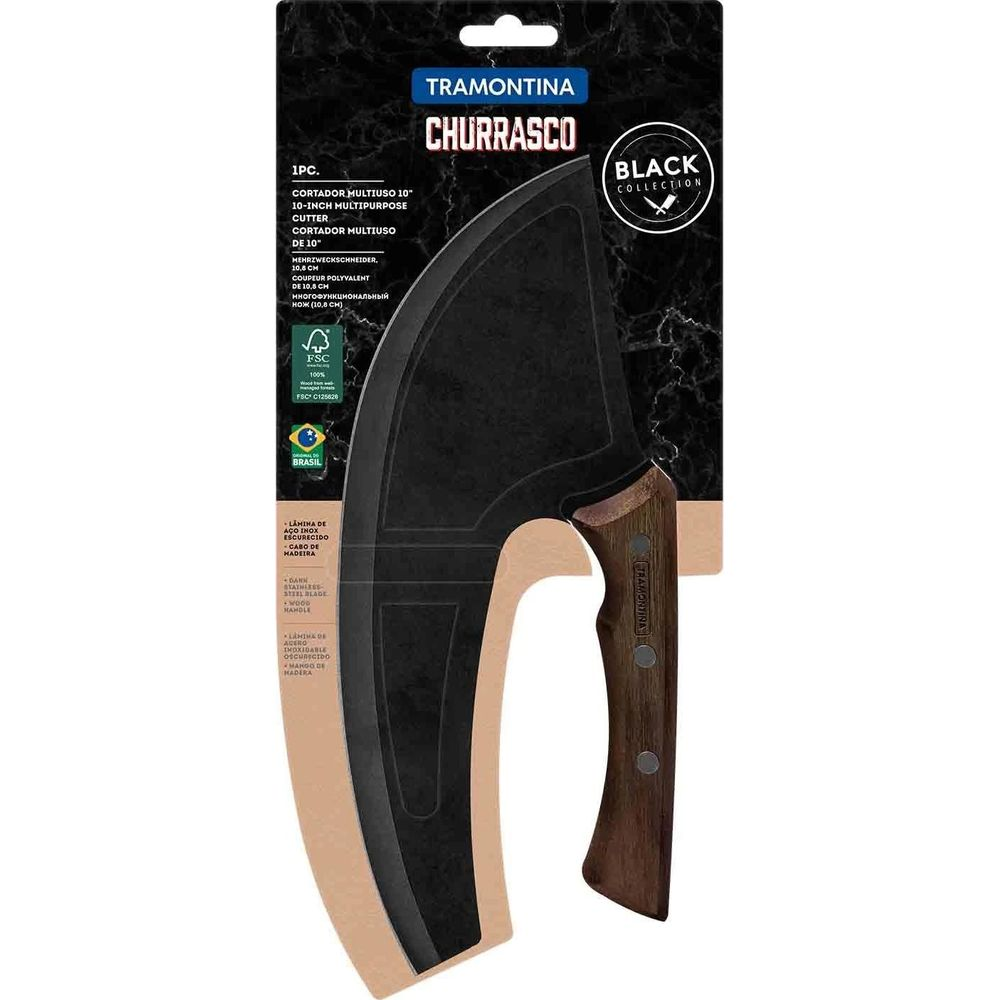 Tramontina Churrasco Mehrzweckschneider mit schwarzer Klinge und holzfarbenem Griff in der Verpackung.