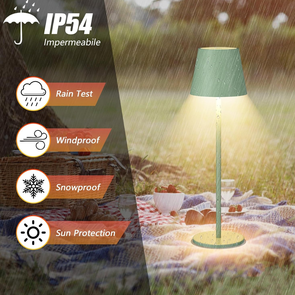Grüne IP54 Lampe im Regen auf einer Picknickdecke mit Icons für Regen, Wind, Schnee und Sonne.