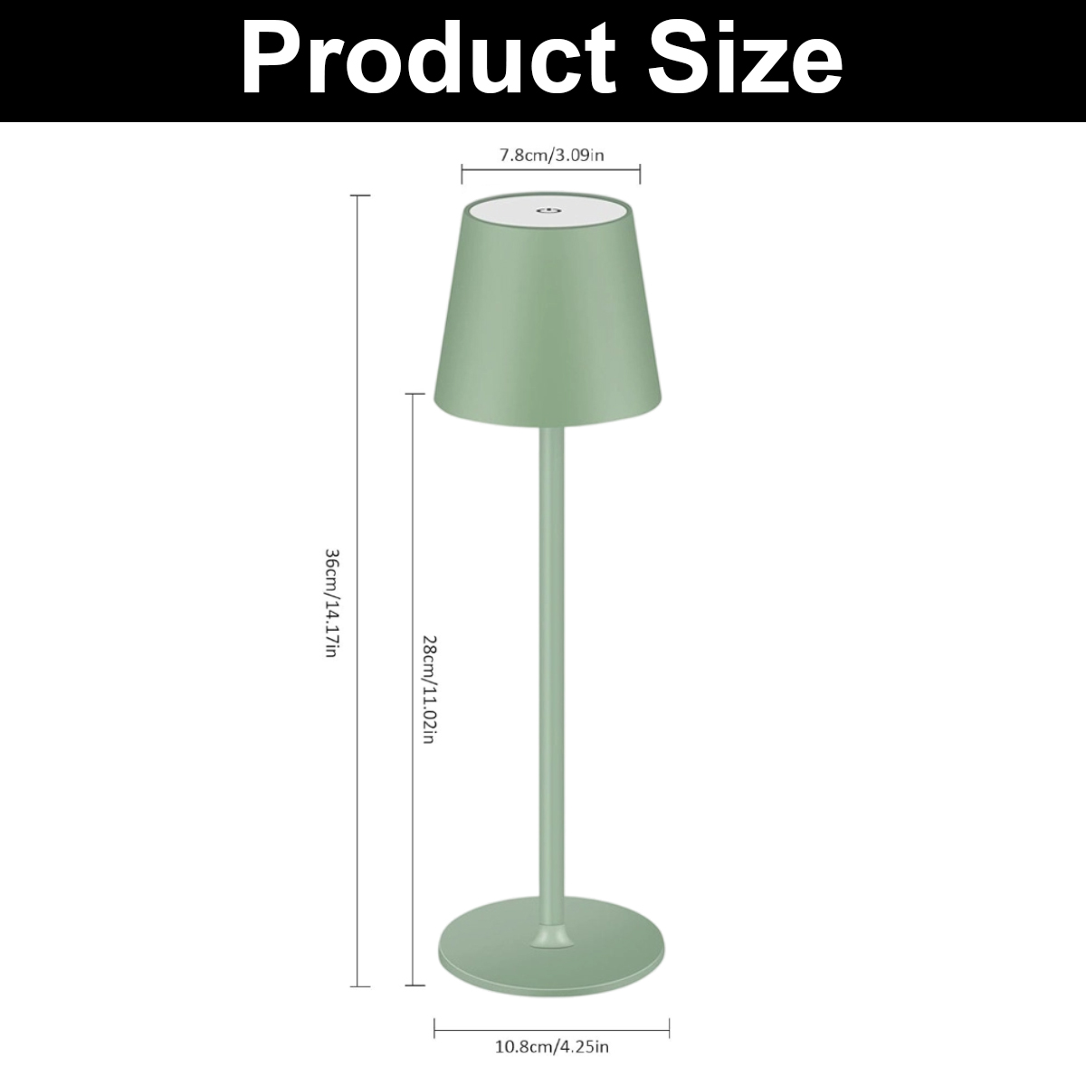 Technische Zeichnung einer grünen Tischlampe mit Maßangaben für Höhe, Schirm und Standfuß.