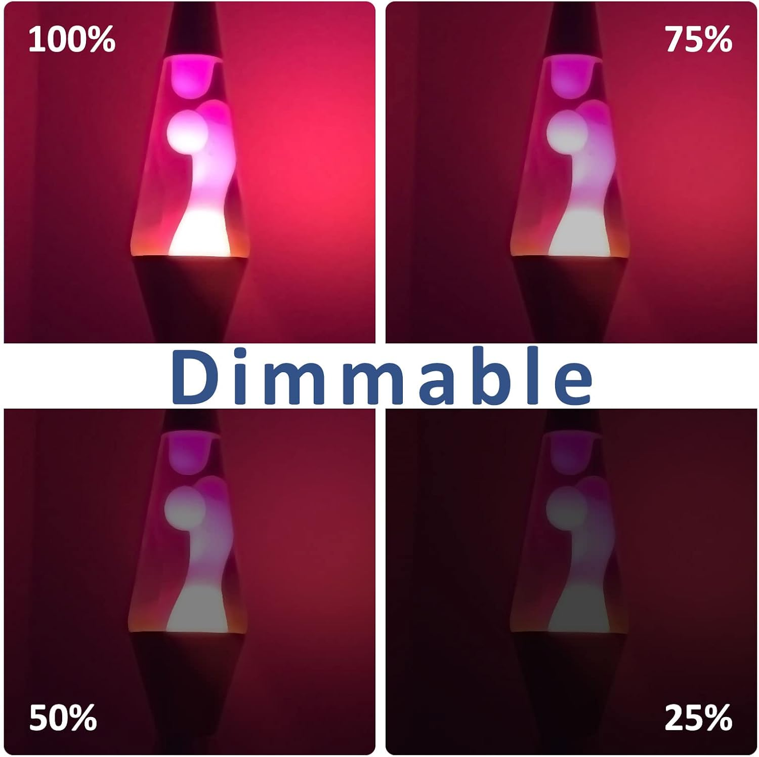 Vier Felder zeigen eine Lavalampe bei 100%, 75%, 50% und 25% Helligkeit, mit dem Titel Dimmbar.