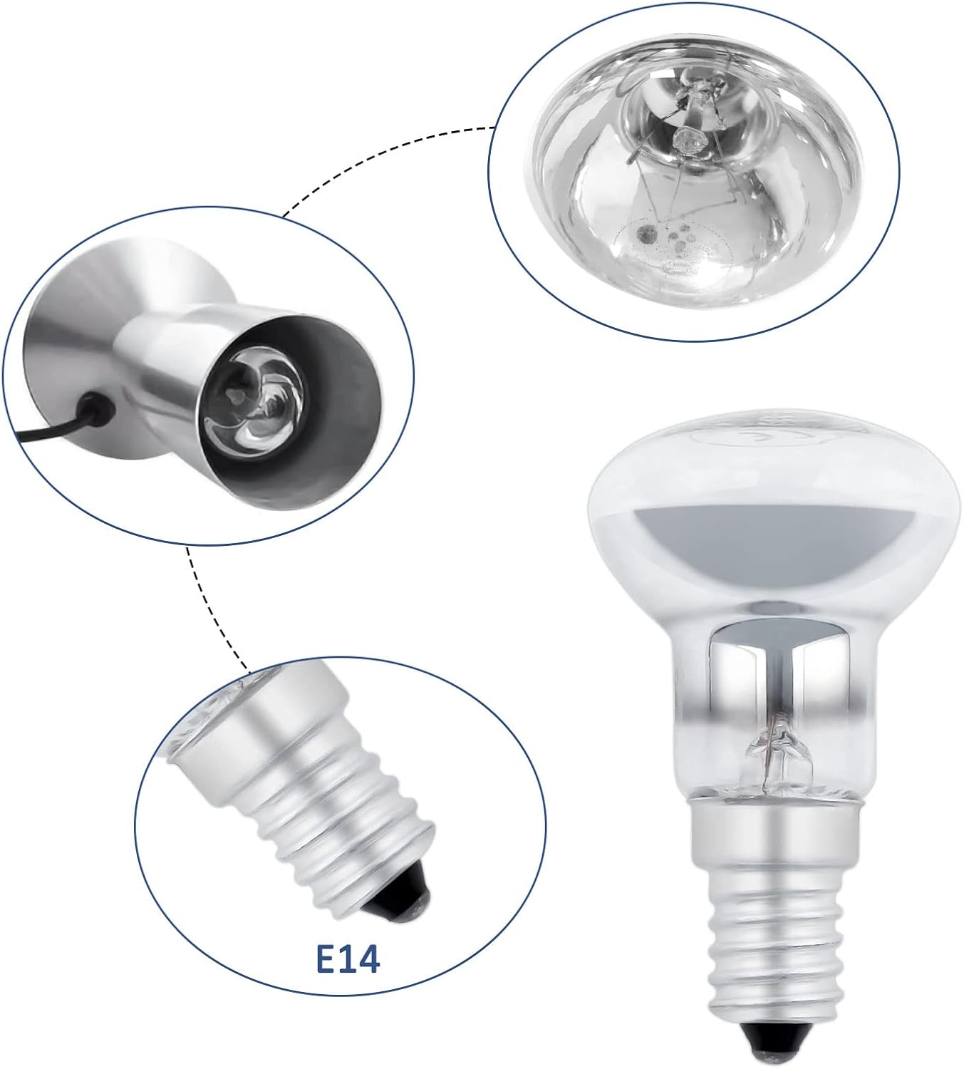 Eine E14 Reflektorlampe mit Detailansichten von Sockel, Oberseite und dem Einsatz in einer Leuchte.