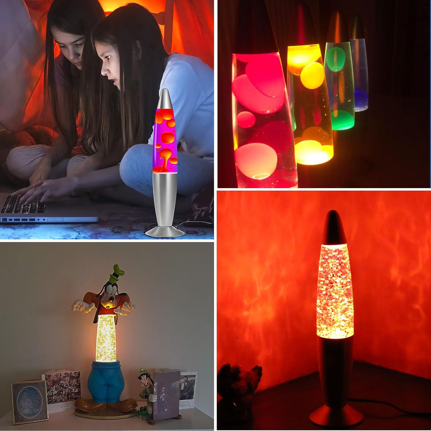 Collage von Lavamöbeln in verschiedenen Umgebungen: mit Kindern, leuchtend in einer Reihe, mit Disney-Figur und Glitzerlampe.