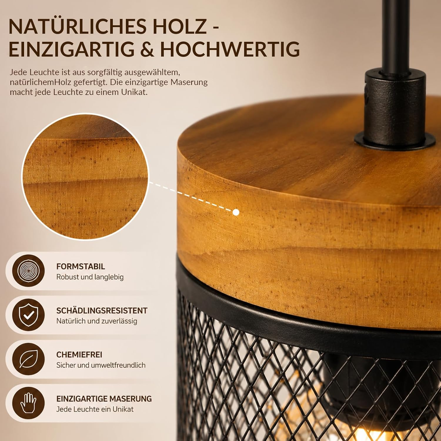 Holz- und Metalllampe mit Text und vergrößertem Maserungsdetail.