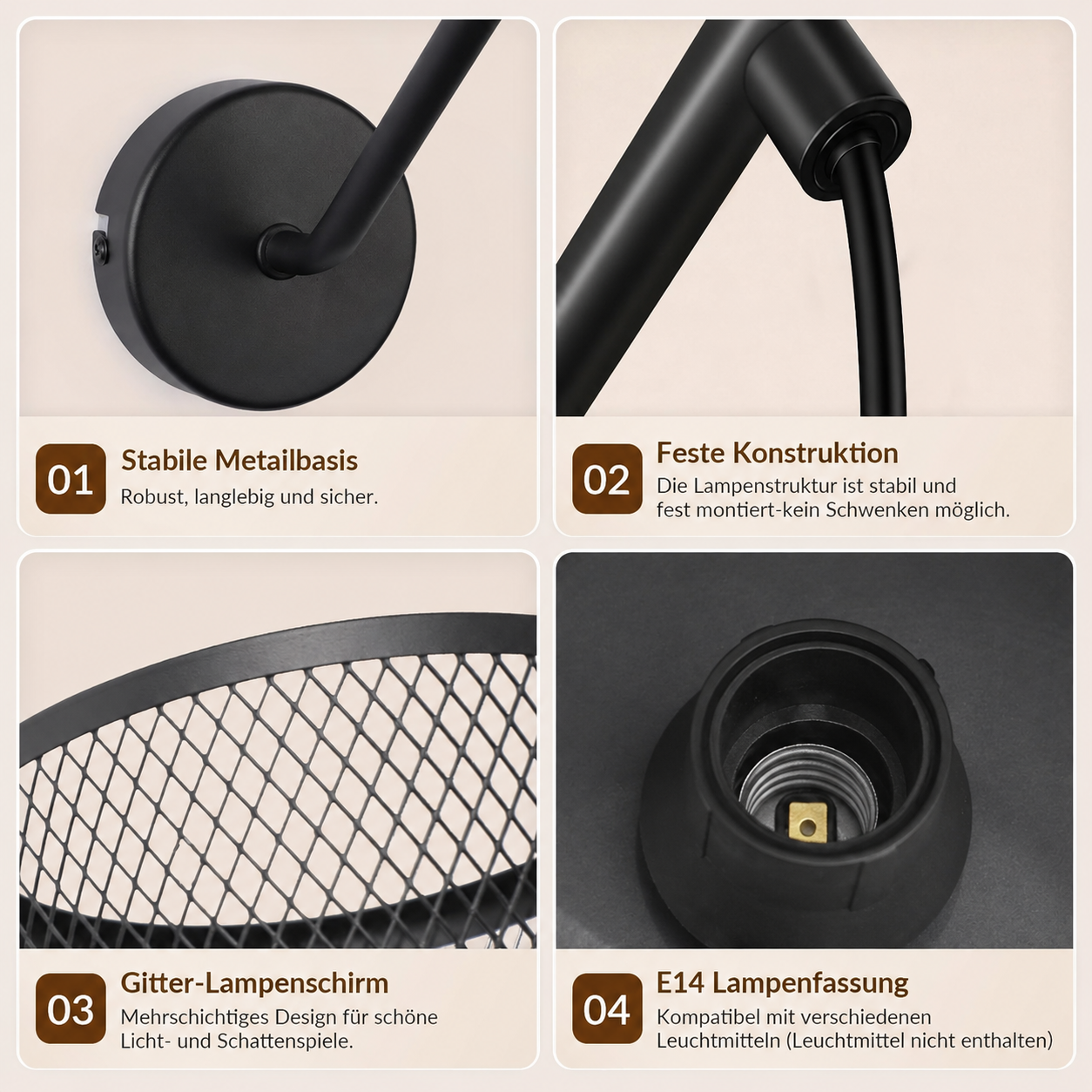 Vier Detailbilder einer schwarzen Metalllampe mit stabiler Basis, fester Konstruktion, Gitter-Lampenschirm und E14-Fassung.