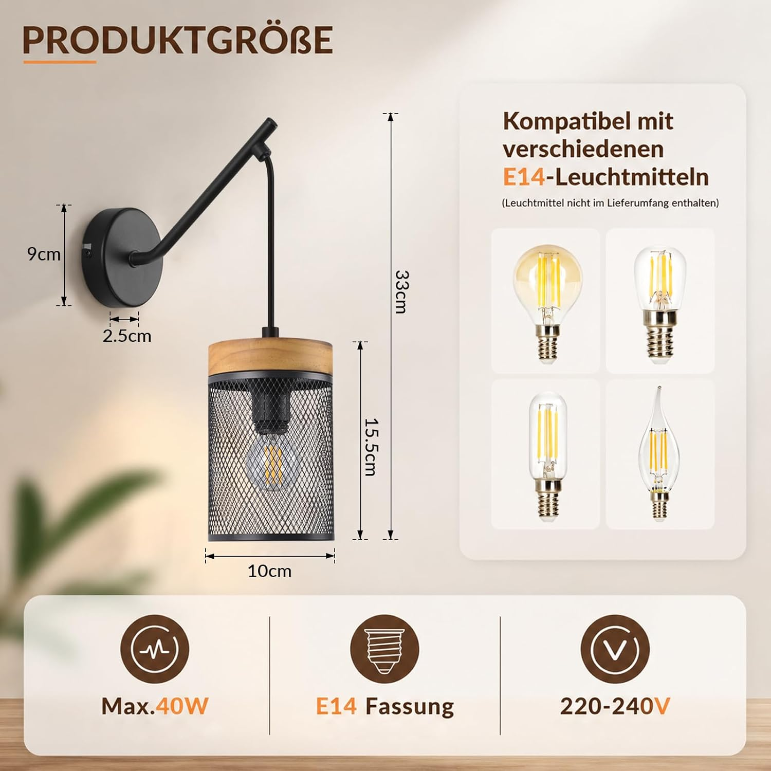 Technische Zeichnung einer Wandlampe mit Maßen, kompatiblen E14-Leuchtmitteln und Leistungsdaten.