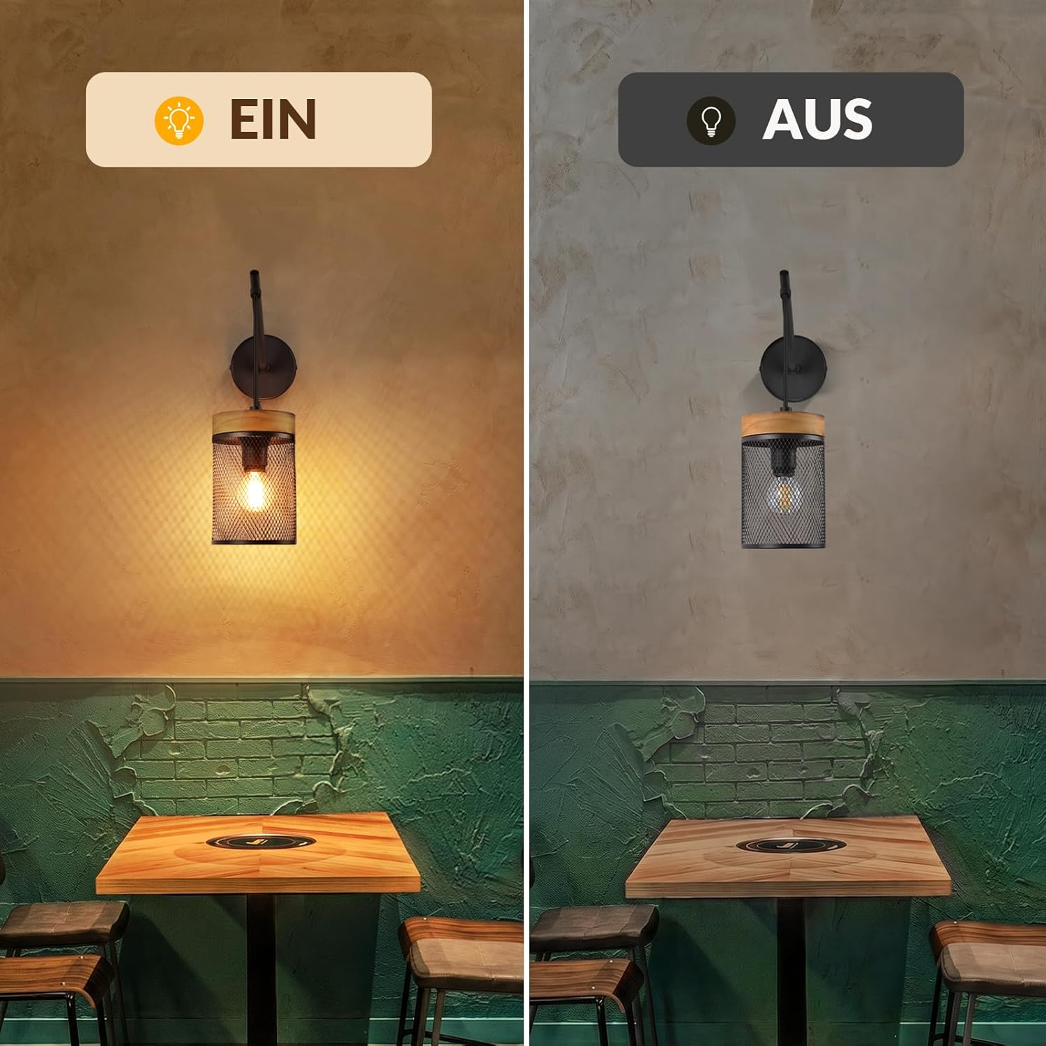 Wandlampe über einem Holztisch, einmal eingeschaltet und einmal ausgeschaltet gezeigt.