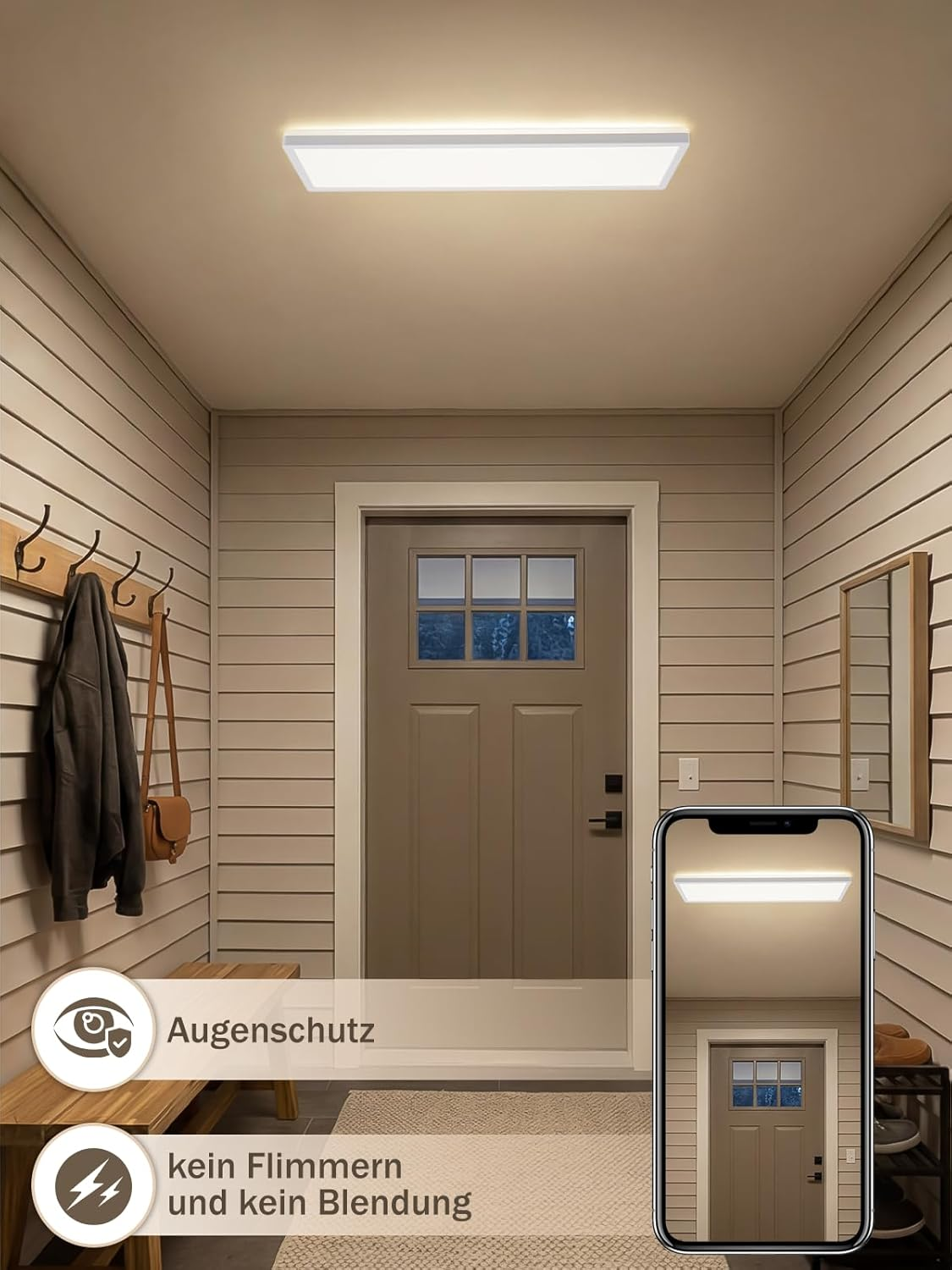 Flur mit heller LED-Deckenleuchte, brauner Tür, Holzbank, Spiegel und Smartphone mit App-Steuerung.