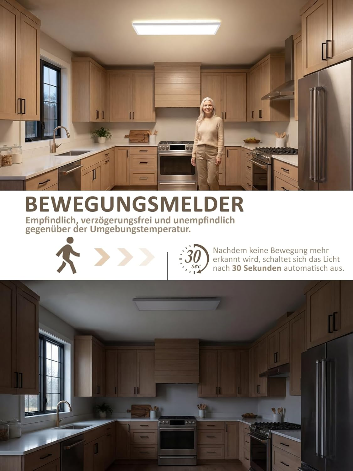 Holzküche mit heller Deckenleuchte, ein Bild mit Frau und Bewegungsmelder-Erklärung, darunter die Küche im Dunkeln.